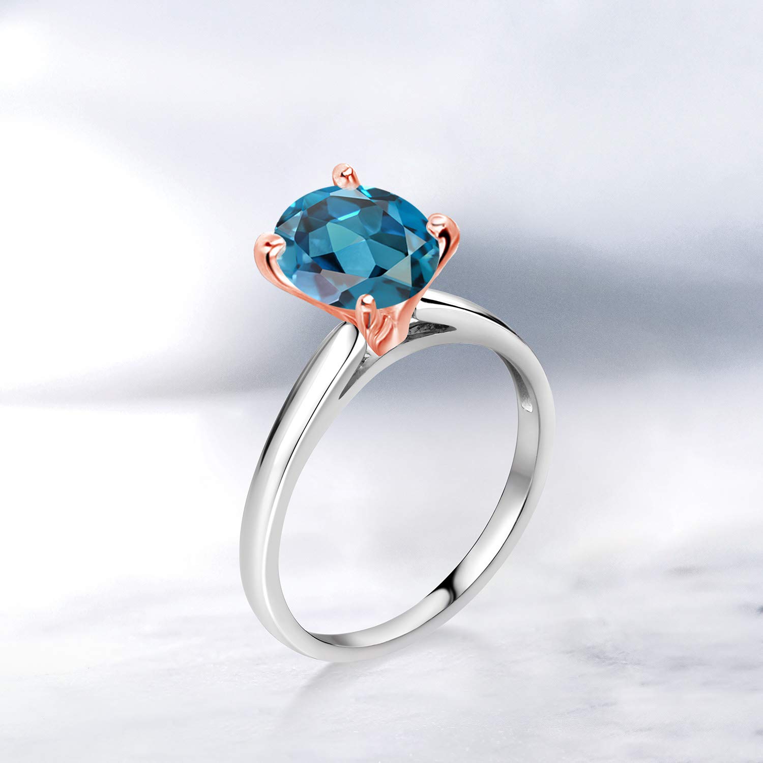 2.25 Ct London Blue Topaz Ring in 925 Sterling Silver & 10K Rose Gold - Elegant Gemstone Jewelry for Women, Perfect for Engagement, Anniversary & Special Occasions