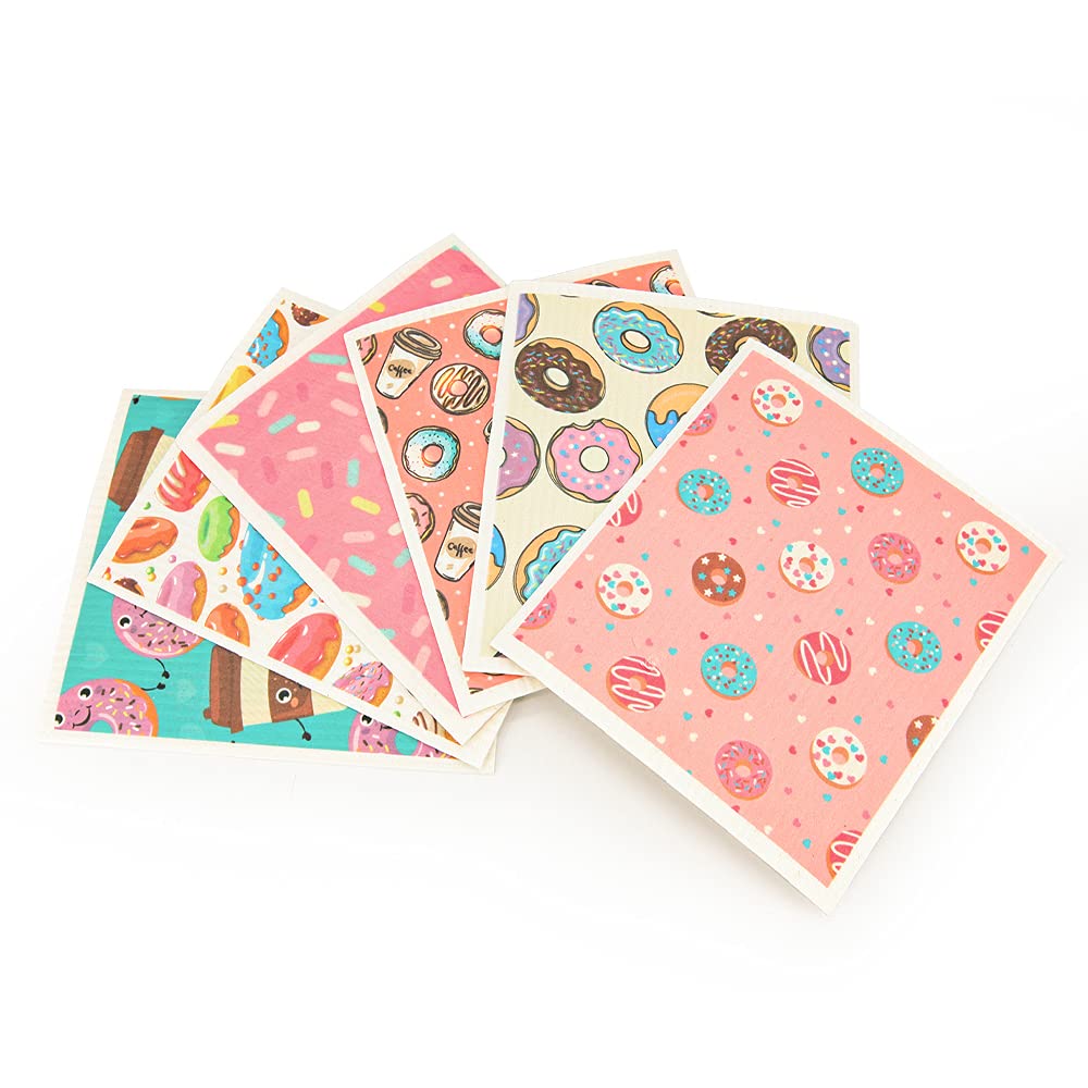 Reusable Swedish Dishcloths - 6 Pack Kitchen Cleaning Cloths for Dishes (Donut Design) - Eco-Friendly & Absorbent
