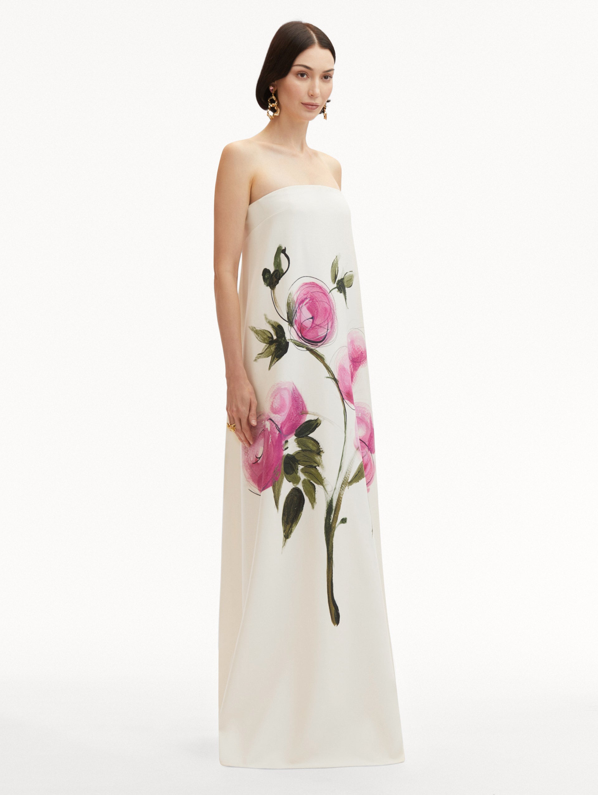Elegant Painted Roses Strapless Evening Gown - Floral Print Formal Dress for Prom, Wedding & Special Occasions
