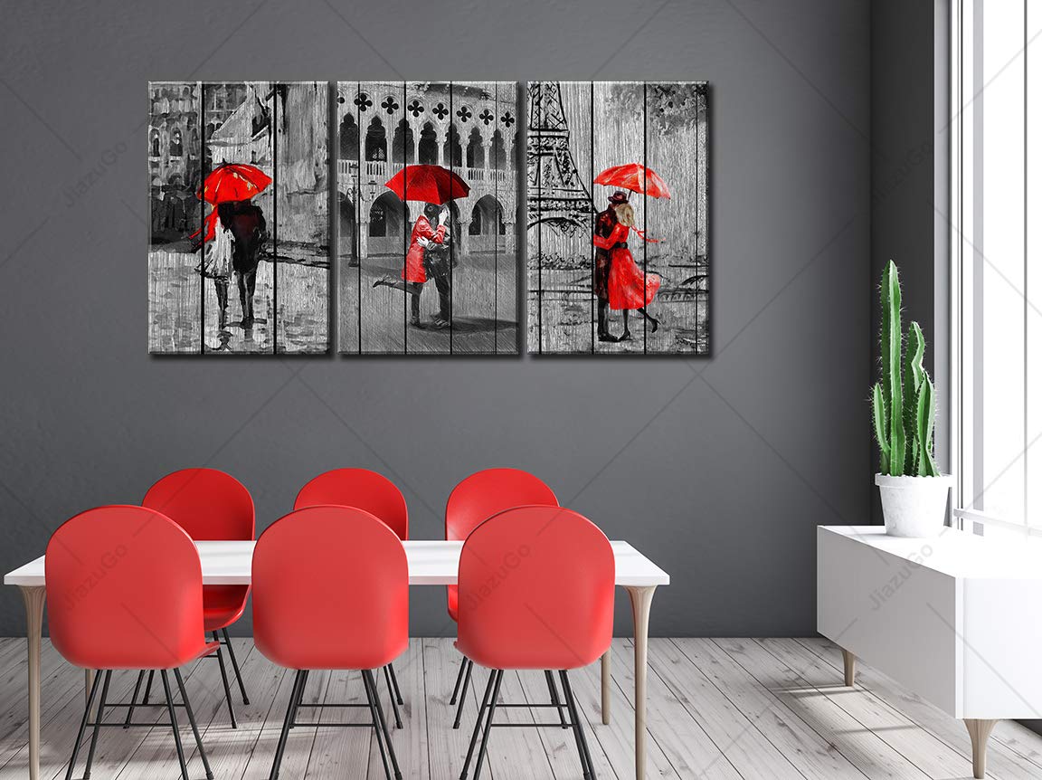 JiazuGo - Romantic Red Umbrella Woman Painting, Paris Eiffel Tower Black & White Cityscape Art, Stretched Framed Canvas Wall Decor for Bedroom, Living Room, Valentine's Day Gift for Couples & Lovers | Perfect for Home, Office & Wedding Decor
