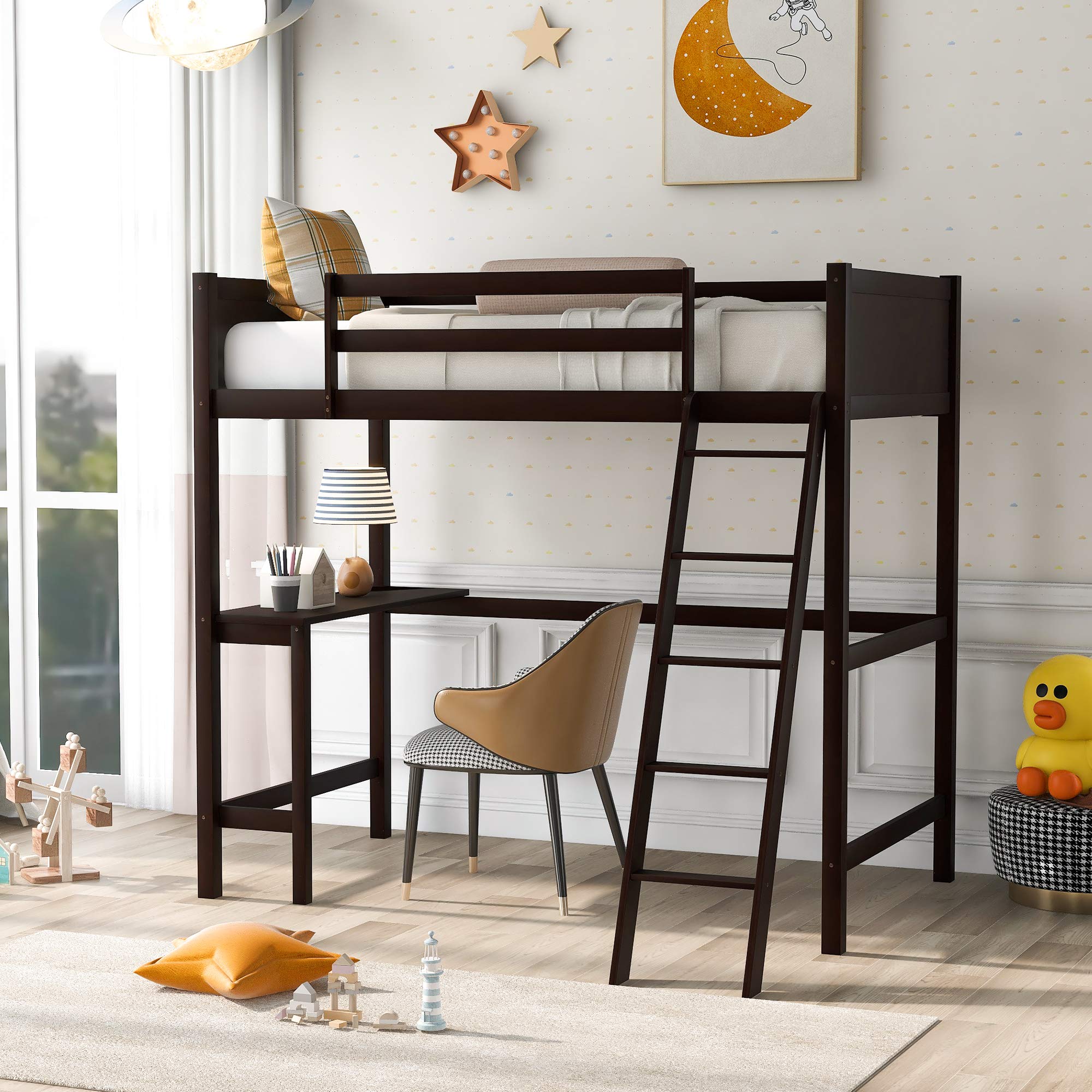 Merax Twin Size Wooden Loft Bed with Study Desk, Guardrails & Ladder - Sturdy Wood Frame for Teens, Kids, Boys & Girls - No Box Spring Required - Espresso Finish - Perfect for Small Bedrooms, Dorm Rooms & Space-Saving Kids' Rooms