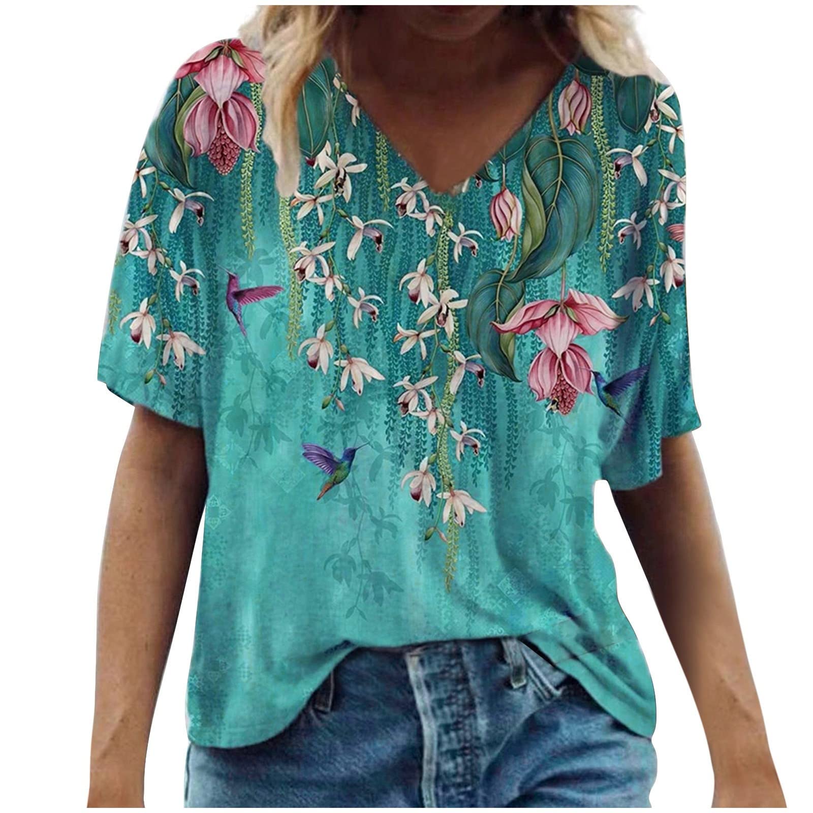Women's Summer V-Neck Short Sleeve T-Shirt - Cute Printed Casual Blouse, Loose Fit Graphic Tee for Everyday Wear, Beach Outings & Weekend Outfits