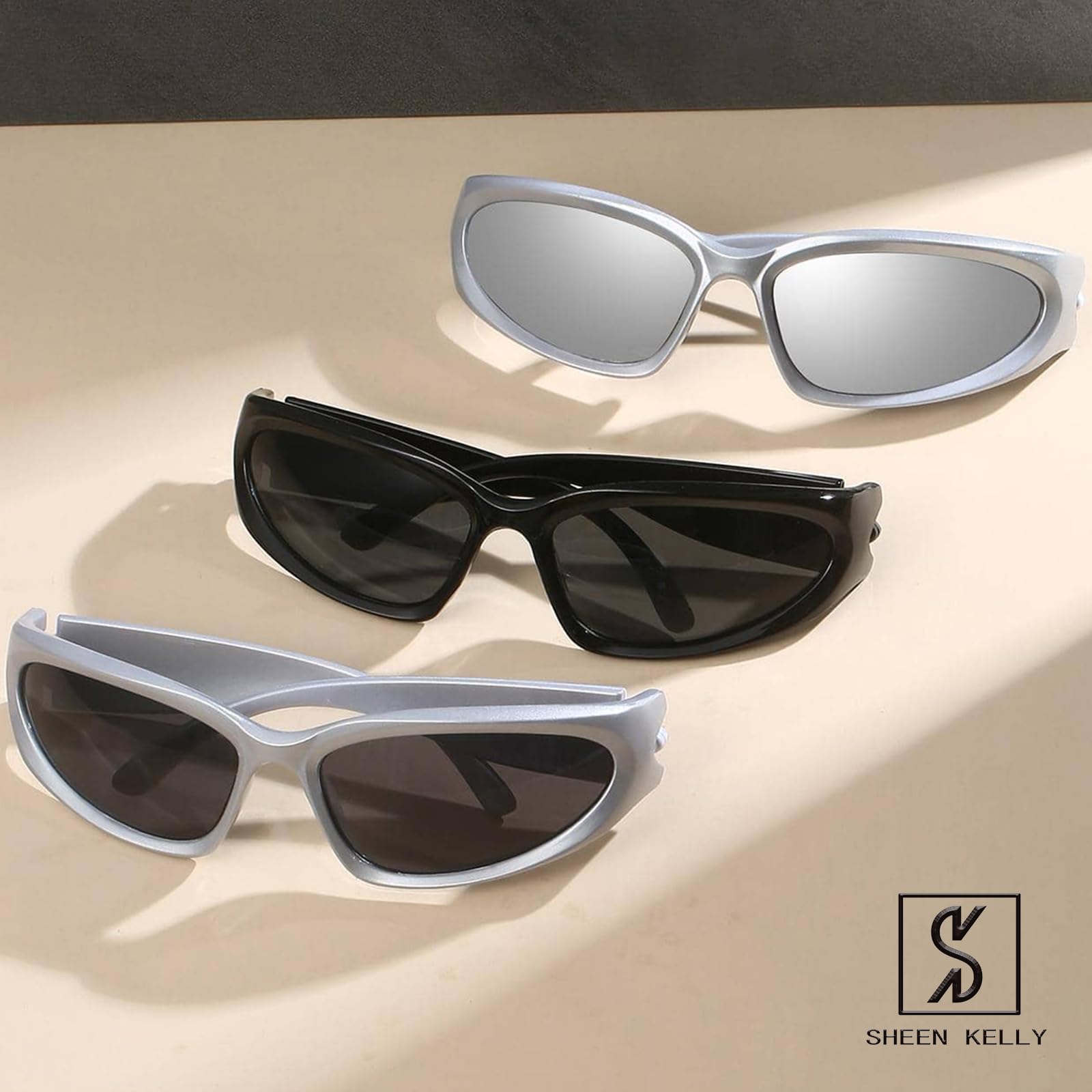 SHEEN KELLY Y2K Polarized Sports Sunglasses for Men - Black Silver Futuristic Fashion Sunglasses for Running, Driving & Outdoor Activities