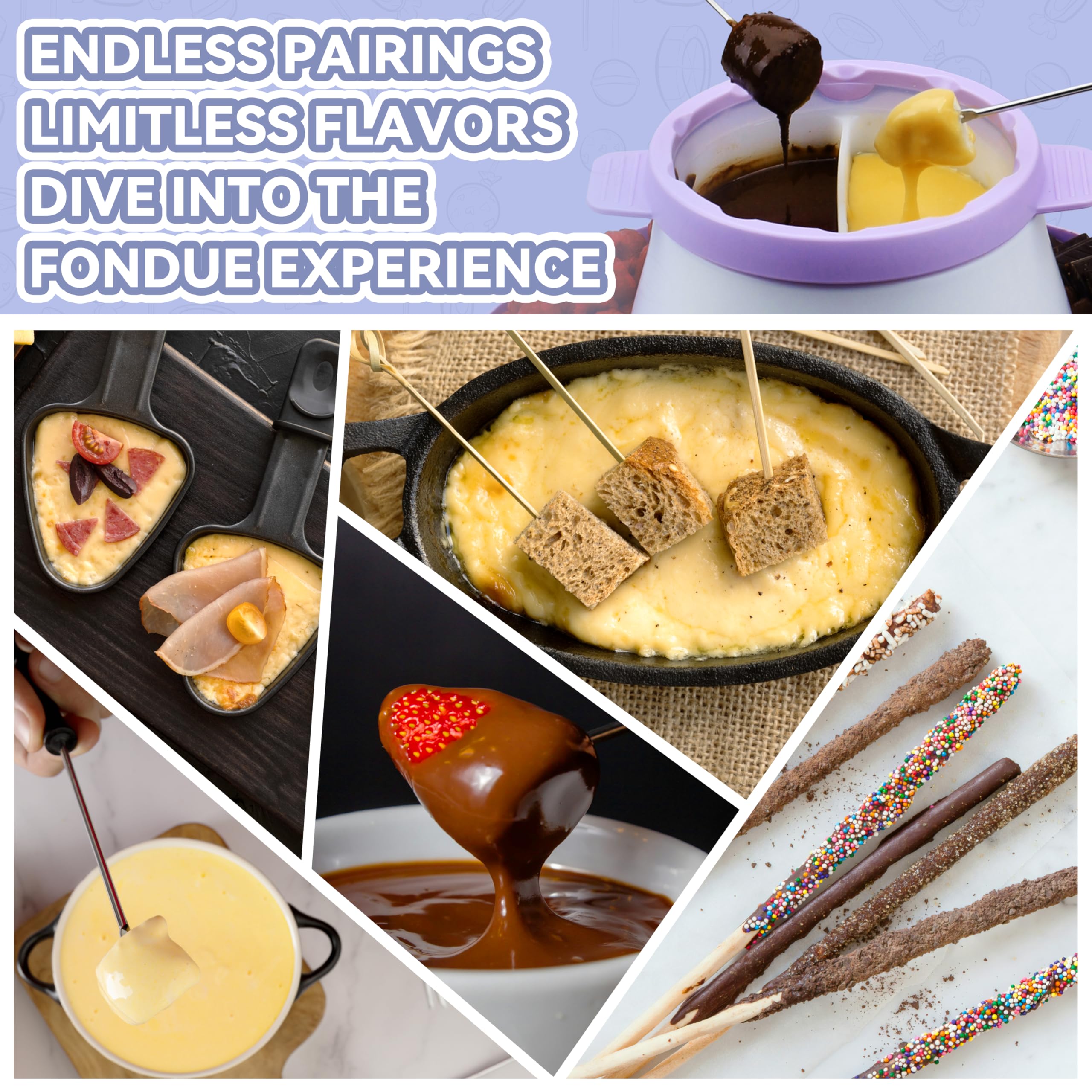 Electric Fondue Pot Set with 2 Pots - Chocolate & Candy Melting Warmer for Dipping, 2.5 Cups Capacity, Includes Fondue Forks - Perfect for Parties, Valentine's Day & Family Gatherings (Lavender)