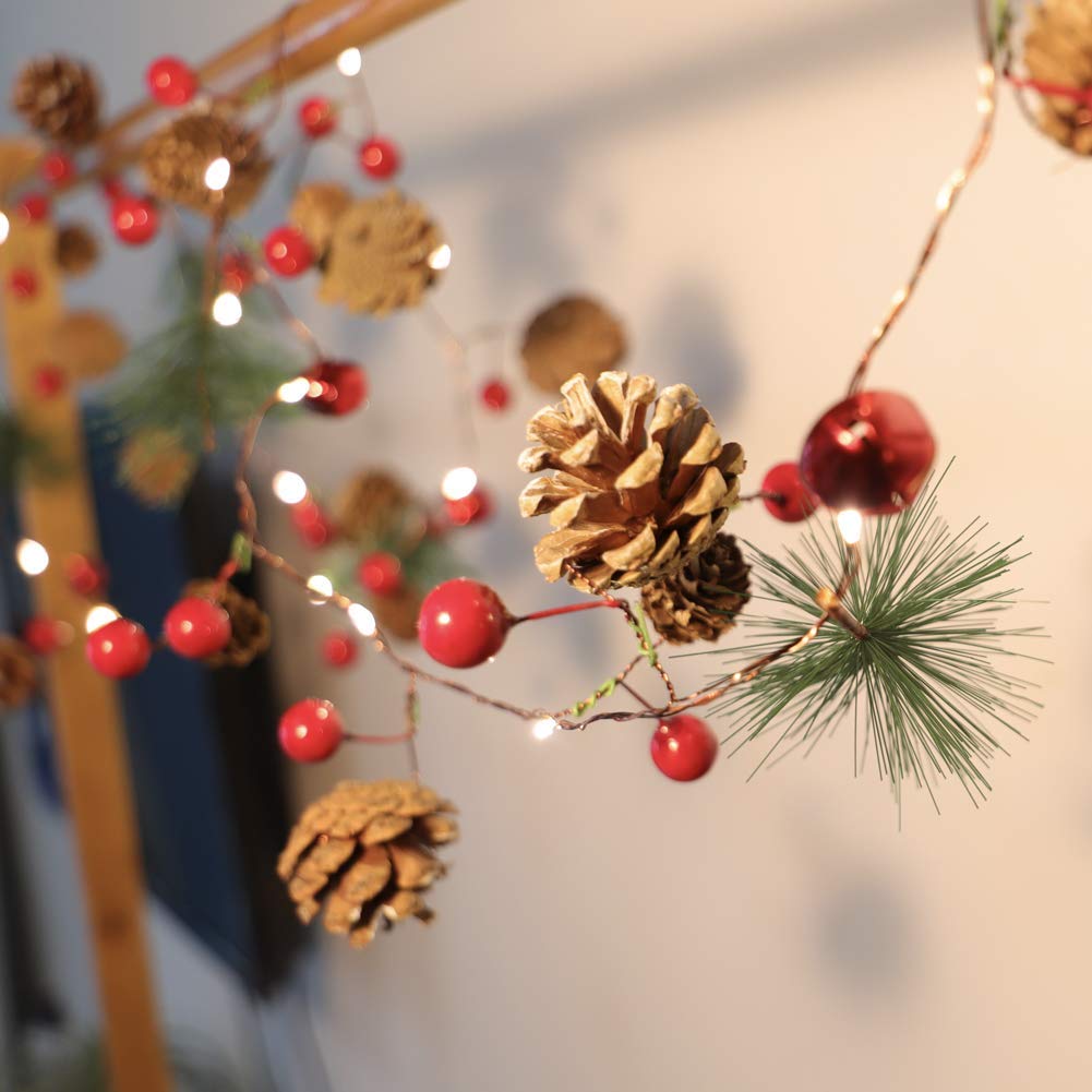 XIWU 10ft 40LEDs Battery Operated Christmas Lights with Pine Cones & Jingle Bells - Festive String Lights Garland for Christmas Tree, Windows, Wreaths, and Holiday Home Decor | Indoor/Outdoor Use