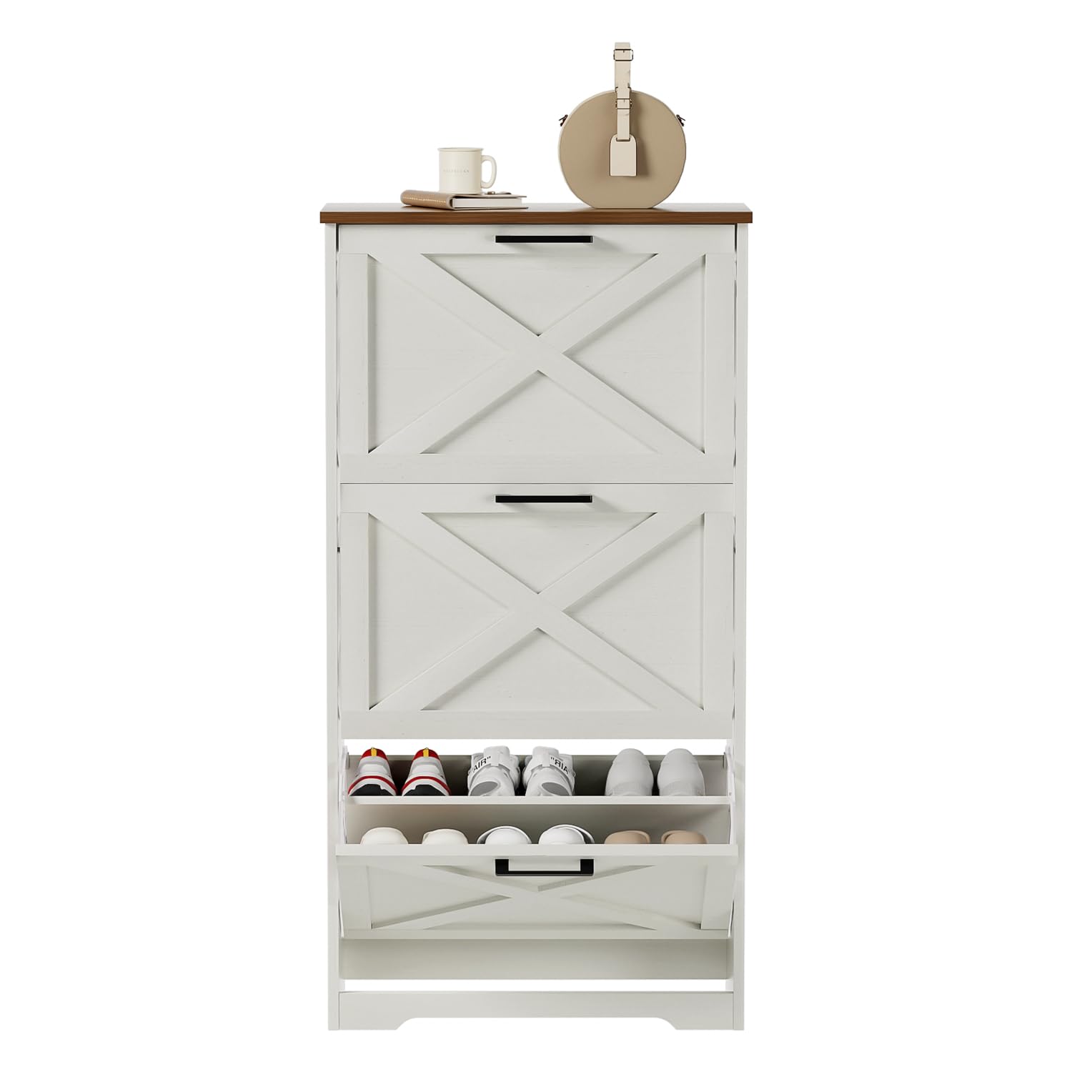 Farmhouse Shoe Cabinet with 3 Flip Drawers - 3 Tier Freestanding Shoe Organizer for Entryway, Hallway & Living Room - Slim Narrow Storage Cabinet (White) - Perfect for Small Spaces & Home Organization