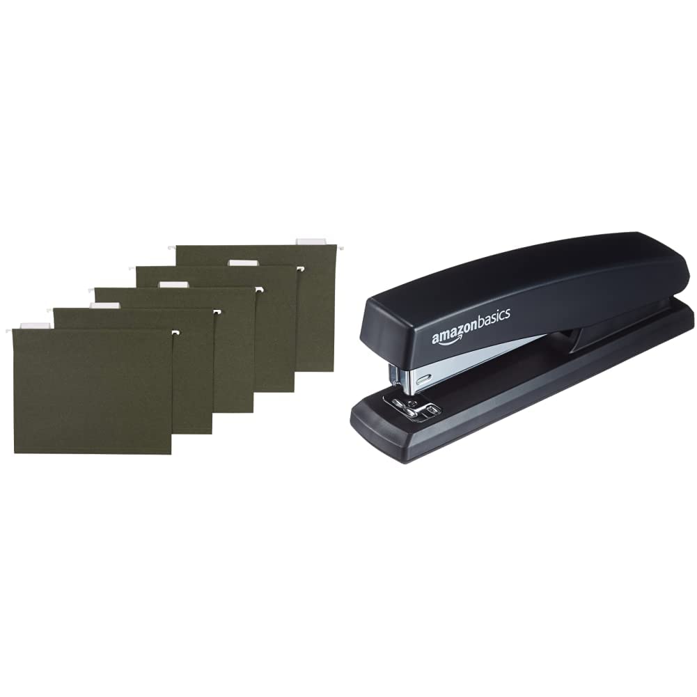 Amazon Basics Hanging File Folders - Letter Size, Green, 1/5-Cut Tabs (75-Pack) & Heavy Duty Stapler with 1000 Staples - Office Desk Organizer for Filing Documents, Paperwork, and Reports - Non-Slip Black Design with 10-Sheet Capacity