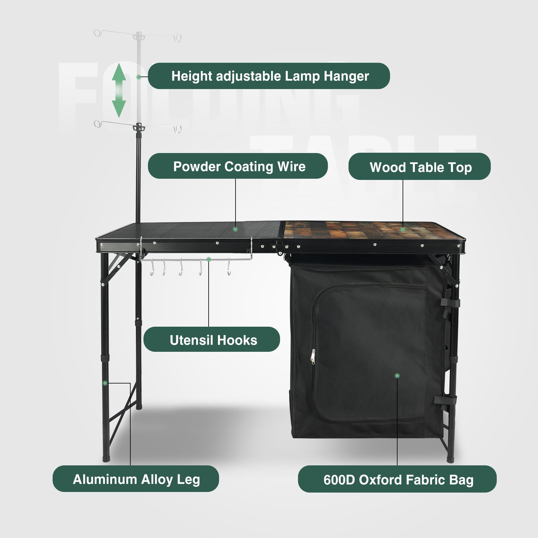 REDCAMP 4ft Portable Camping Kitchen Table with Storage Organizer & Telescoping Light Stand - Foldable Outdoor Cooking Station for BBQ, Picnic, Party & Camping | Perfect for Backyard Grilling, Tailgating & RV Adventures