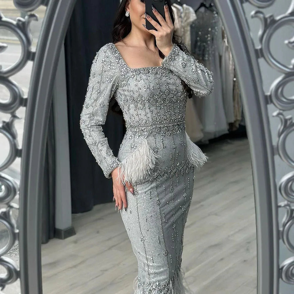 Elegant Silver Gray Mermaid Tea Length Evening Dress with Feathers - LA71669L - Perfect for Prom, Cocktail Parties & Formal Events