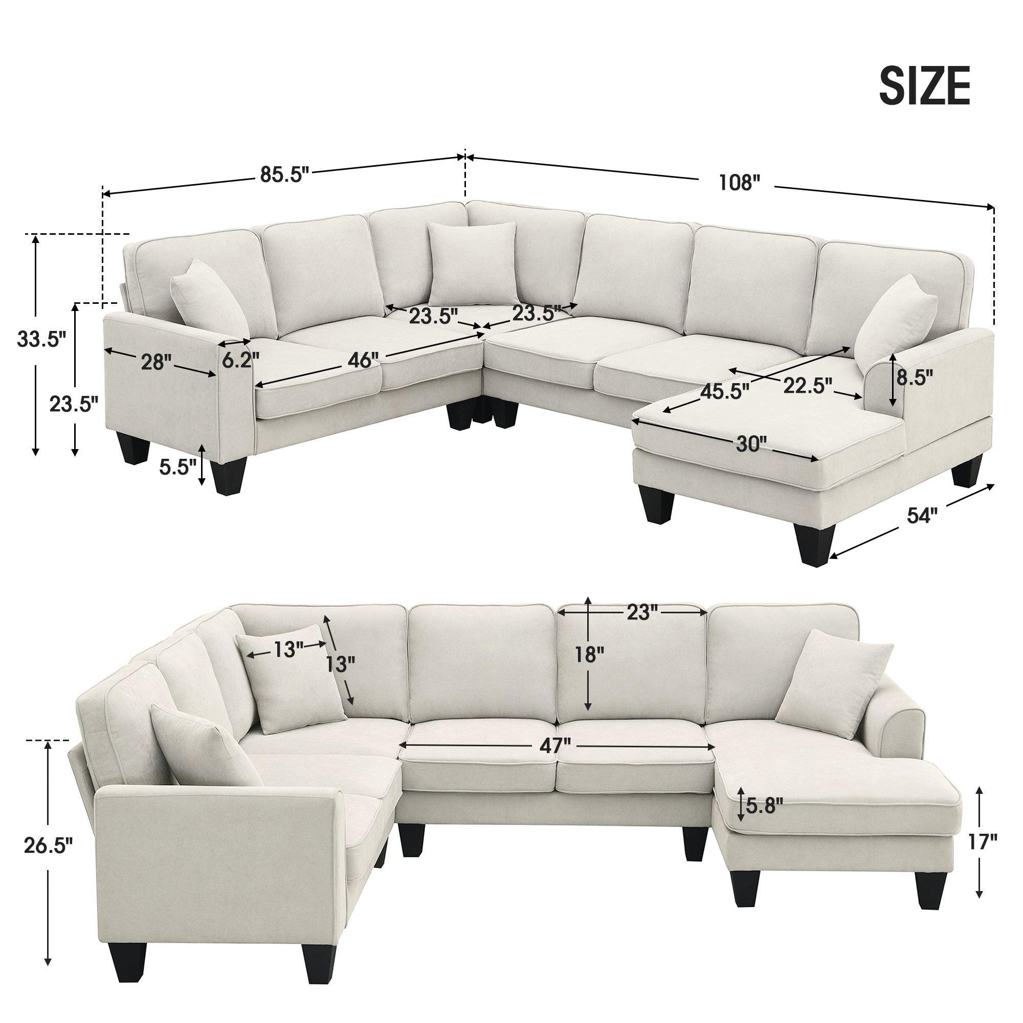 Modern U-Shaped 7-Seater Fabric Sectional Sofa - 108