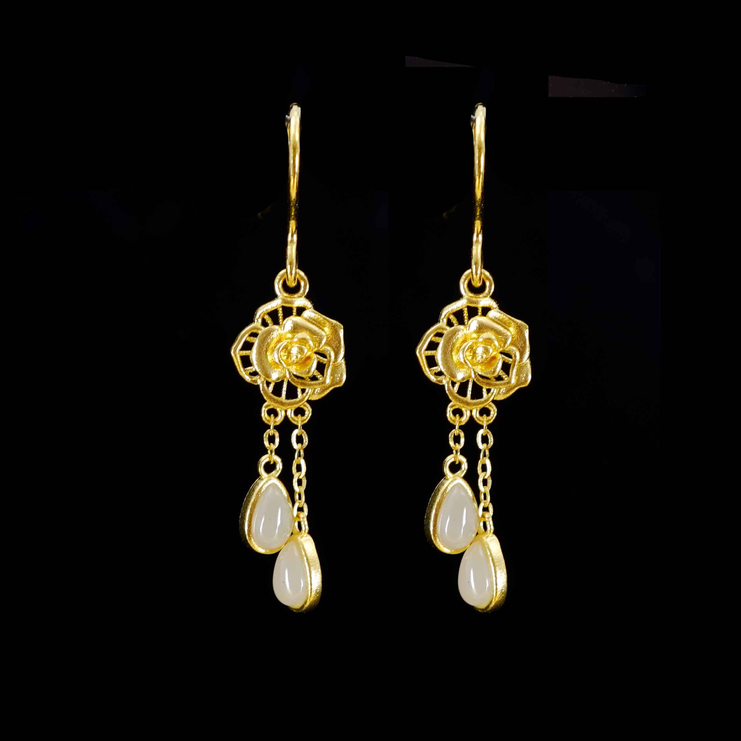 24K Gold Nephrite Jade Earrings for Women - Elegant & Luxurious Dangle Earrings - Perfect for Weddings, Parties & Special Occasions