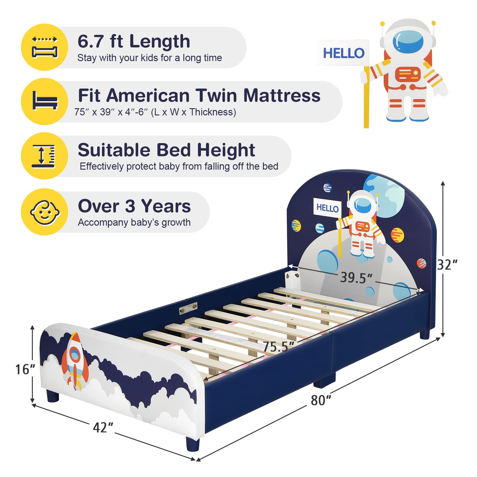 HONEY JOY Twin Bed Frame for Kids - Sturdy Wooden Platform Bed with Headboard & Slat Support, No Box Spring Required - Space Themed Children's Bedroom Furniture for Boys & Girls (Fits Standard Twin Mattress) - Perfect for Small Bedrooms, Daycare Centers & Sleepovers