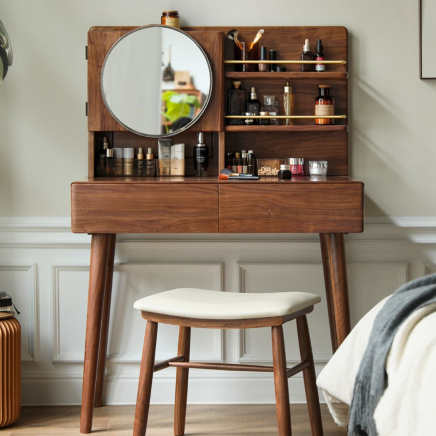 Black Walnut Solid Wood Moon Makeup Mirror Vanity Dressing Table - Elegant Bedroom & Bathroom Decor for Women