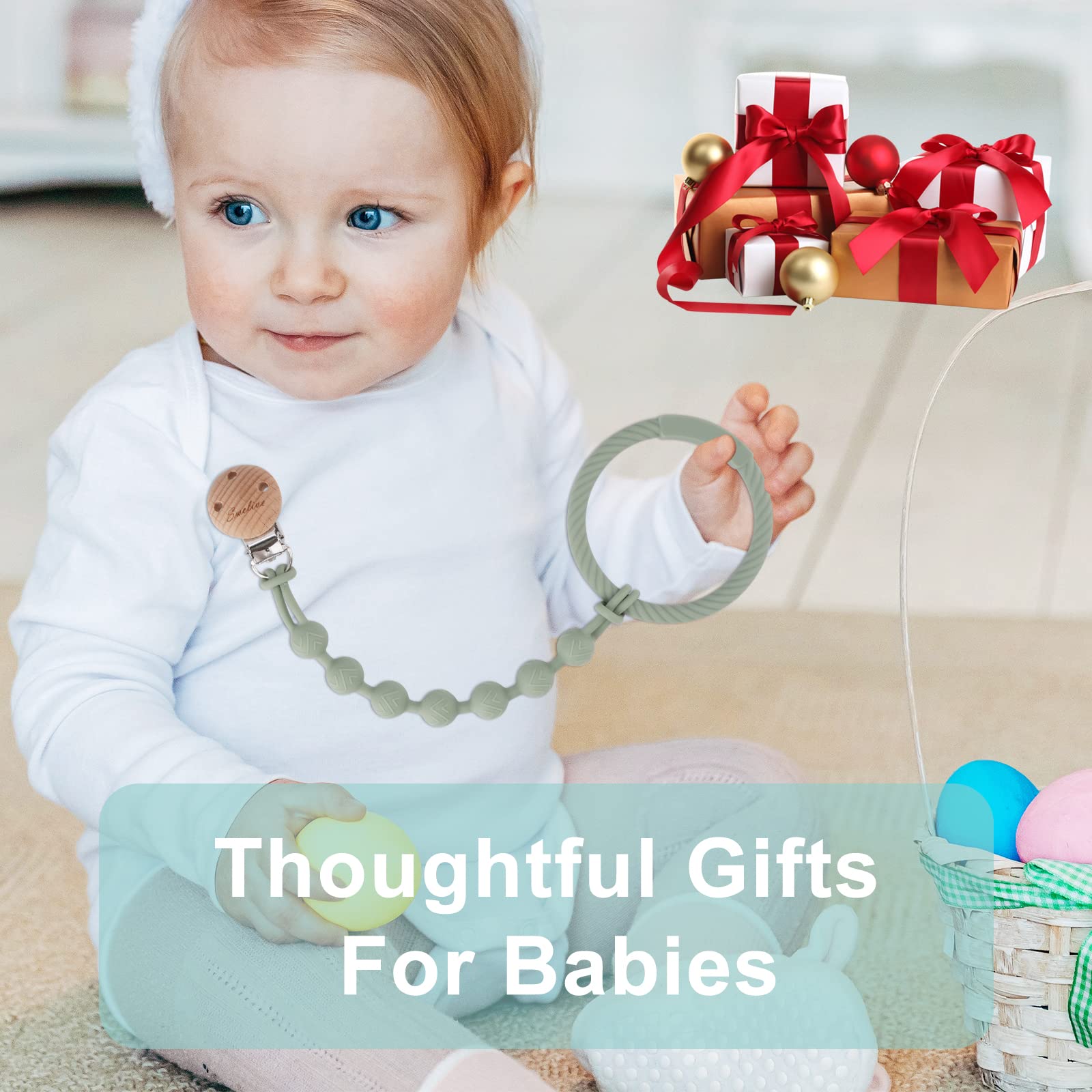 2 Pack Wooden Pacifier Clips for Baby Boys & Girls - One-Piece Binky Holder Clips with Natural Design - Perfect Baby Shower Gift & Birthday Present - Ideal for Strollers, Car Seats & Daily Use (Sage+Ether)