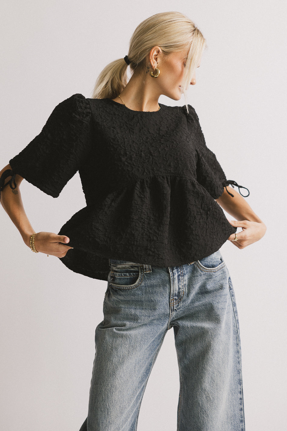 Alessia Peplum Top for Women - Black Flared Blouse, Elegant Ruffle Sleeve Shirt, Chic Tunic Tops for Party, Date Night & Office Wear