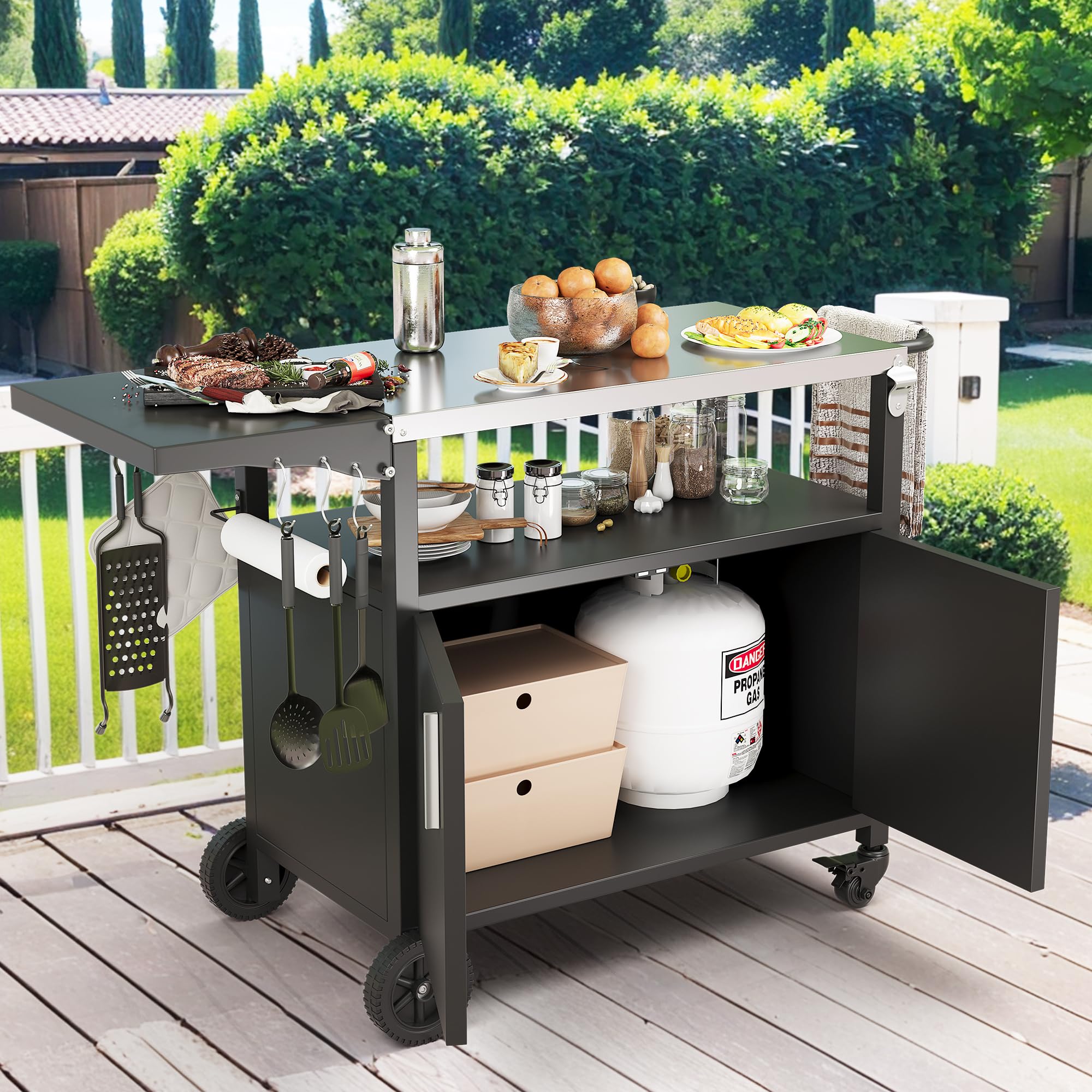 Premium Outdoor Grill Cart with Storage & Wheels - Patio Kitchen Island BBQ Table, Movable Pizza Oven Stand with Foldable Tabletop & Cabinet - Perfect for Backyard Cooking, Tailgating & Camping (Black)