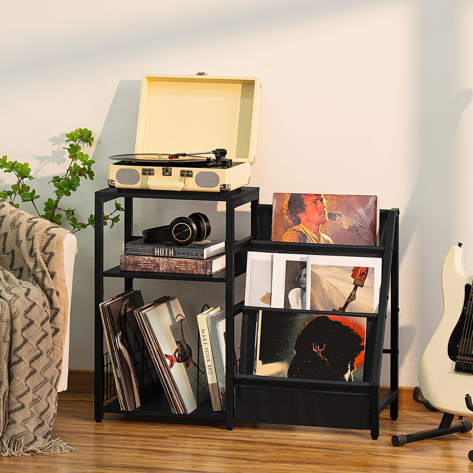 LELELINKY 3-Tier Black End Table with Vinyl Storage - Industrial Record Player Stand Holds 150+ Albums, Side Table with Display Shelf for Living Room, Bedroom & Office - Perfect for Organizing Vinyl Records, Books & Decor