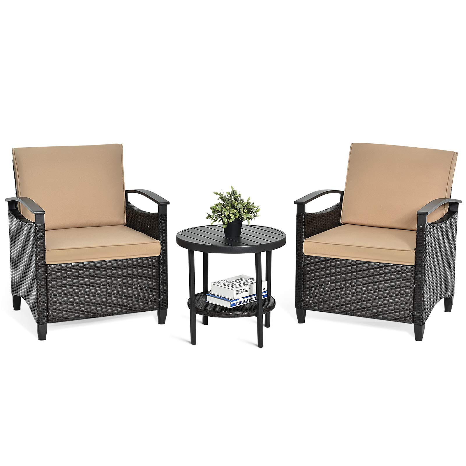 Tangkula 3-Piece Rattan Patio Furniture Set with Coffee Table - Outdoor Wicker Sofa Set with Cushions, Sturdy Steel Frame - Perfect for Garden, Backyard, Balcony, Poolside Relaxation and Entertaining