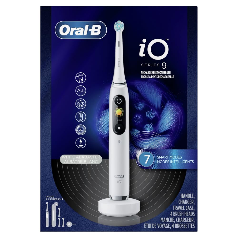 Oral-B iO Series 9 Electric Toothbrush with 3 Replacement Brush Heads, White Alabaster - Advanced Smart Toothbrush for Professional Dental Care at Home