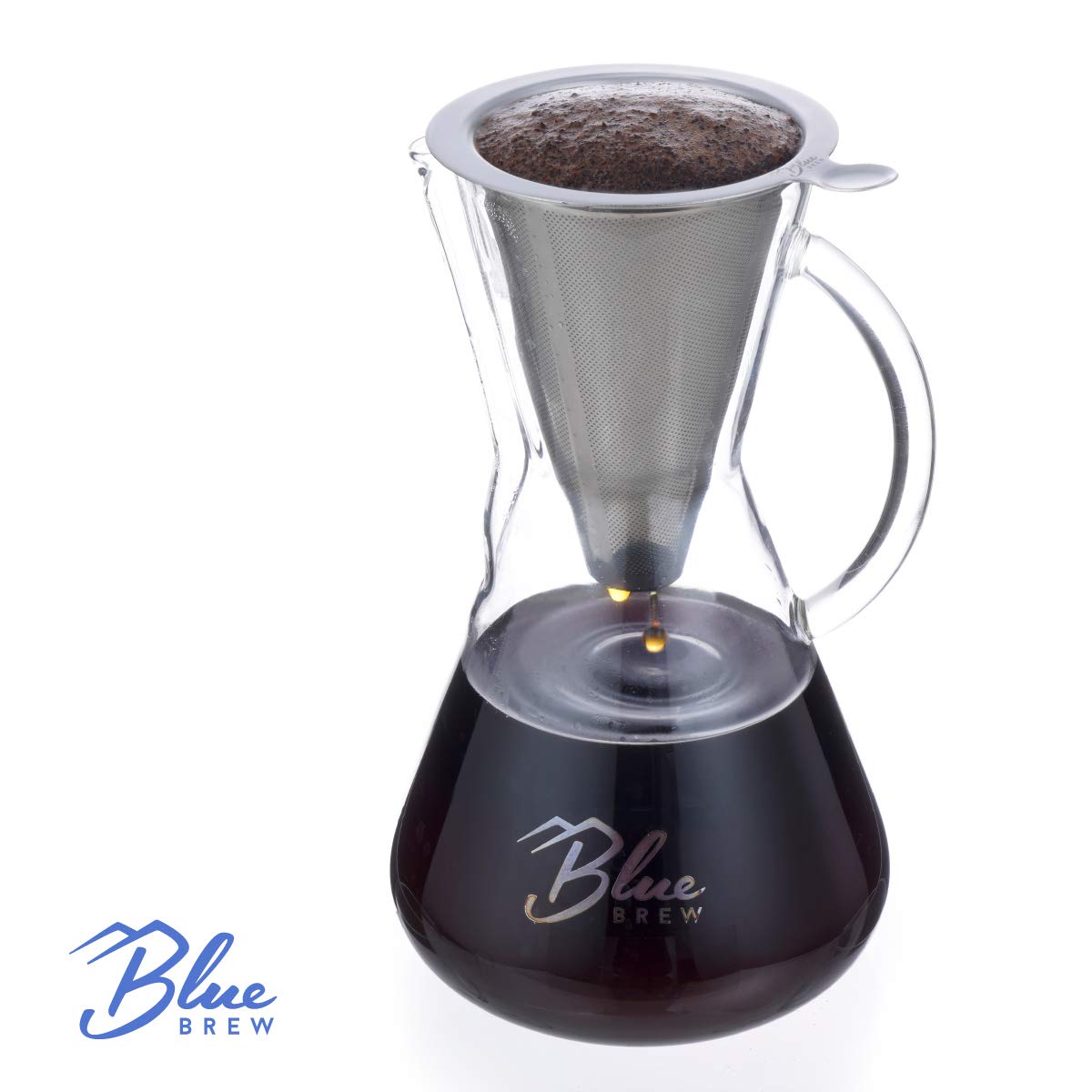 BLUE BREW BB1011 Pour Over Coffee Maker - 15oz Borosilicate Glass Carafe with Stainless Steel Paperless Filter - Perfect for Home, Office & Camping Coffee Brewing