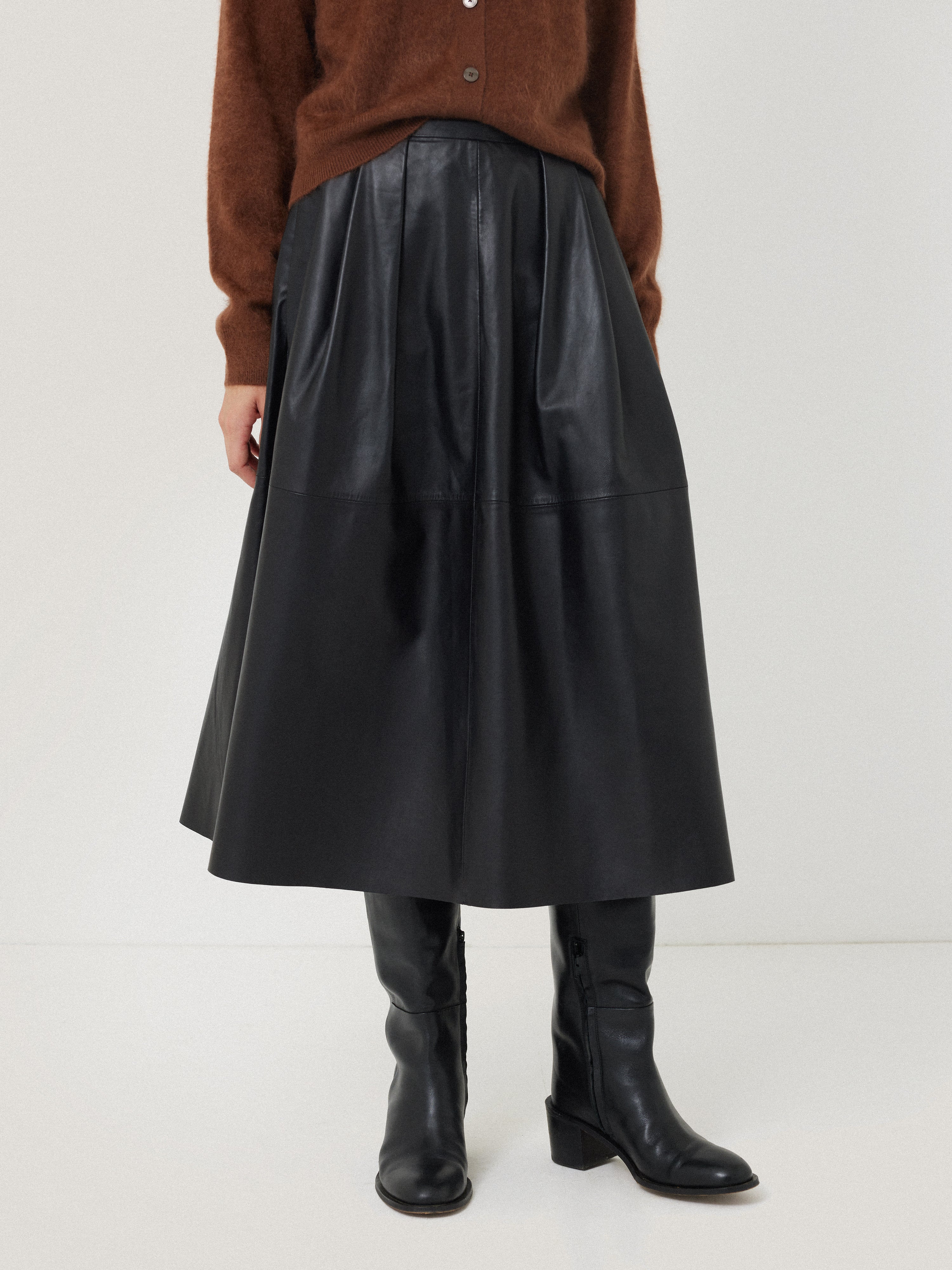 Stylish Black Leather Pleat Midi Skirt for Women - Perfect for Office, Party & Date Night Outfits