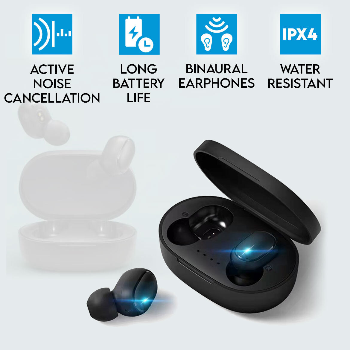 Elinz TWS True Wireless Earbuds with Active Noise Cancelling, 200mAh Charging Case (Black) - Perfect for Workouts, Commuting & Travel