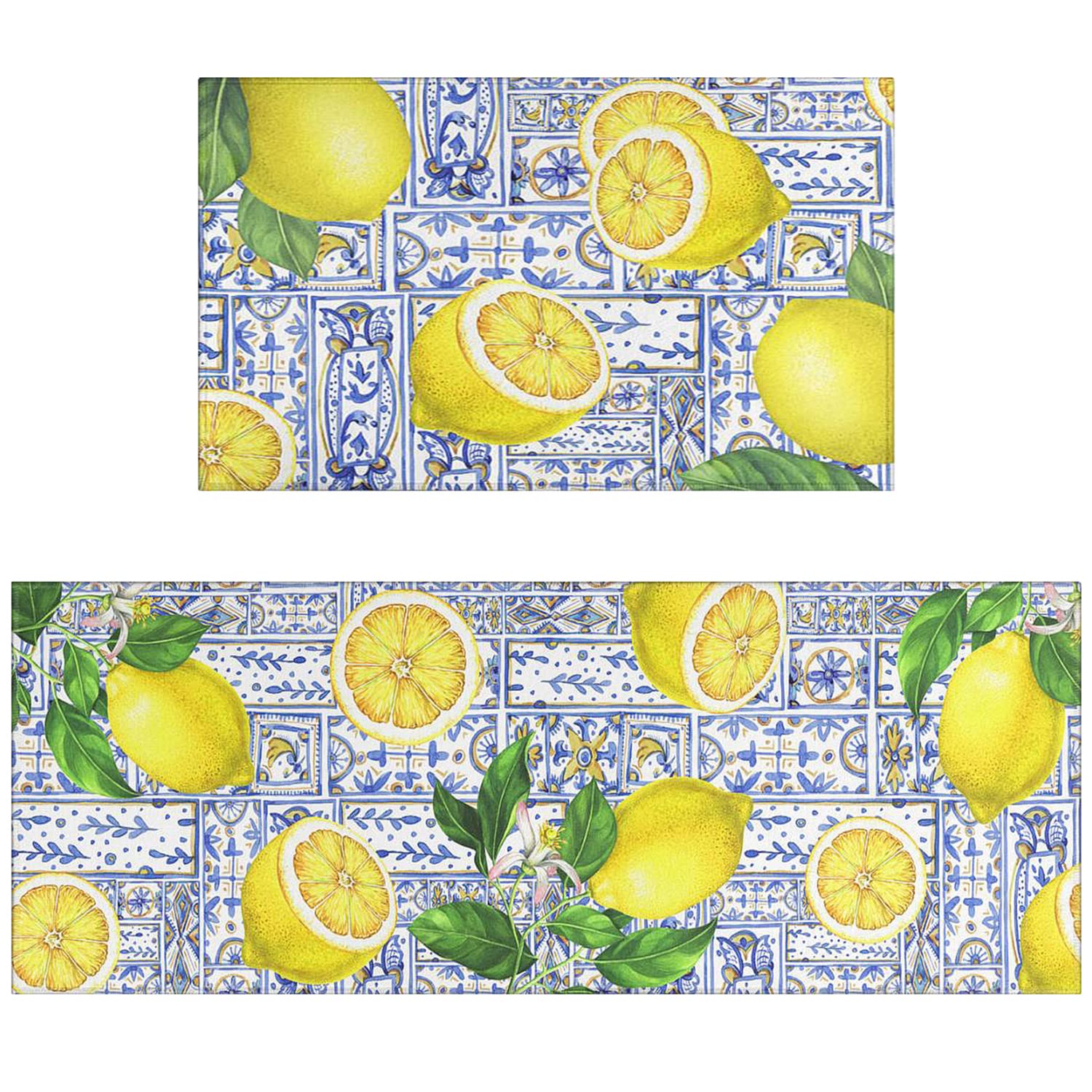 Non-Slip Washable Watercolor Lemon Kitchen Rugs - Set of 2 Absorbent Floor Mats for Summer Decor, Kitchen & Dining Room - Cute Fruit-Themed Home Accessories for Indoor Use