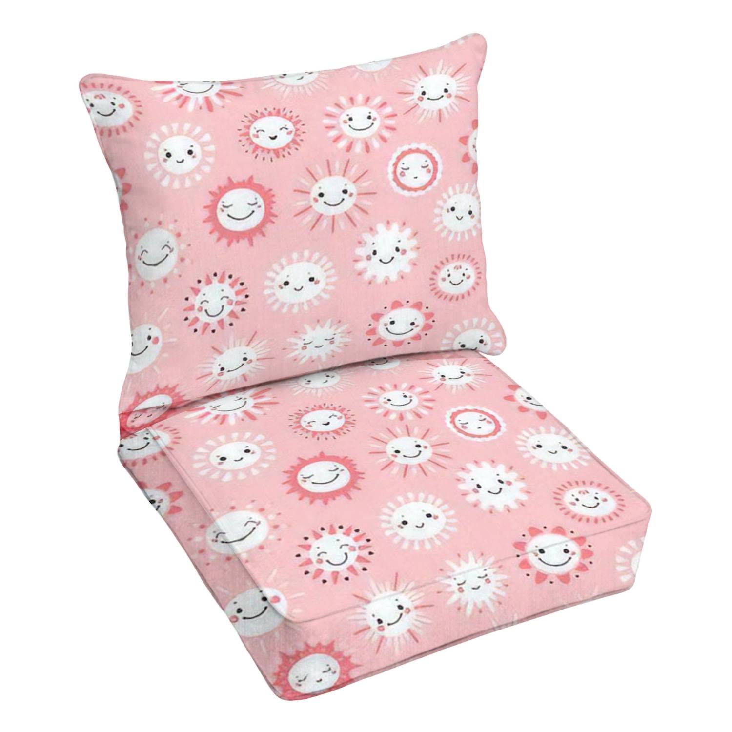 Premium Outdoor Deep Seating Cushion Set - Sky Pink with Cute Smiling Sun Kawaii Design for Kids, Patio Furniture & Lounge Chair Replacement - Waterproof & Comfortable for Backyard, Poolside, and Garden Relaxation
