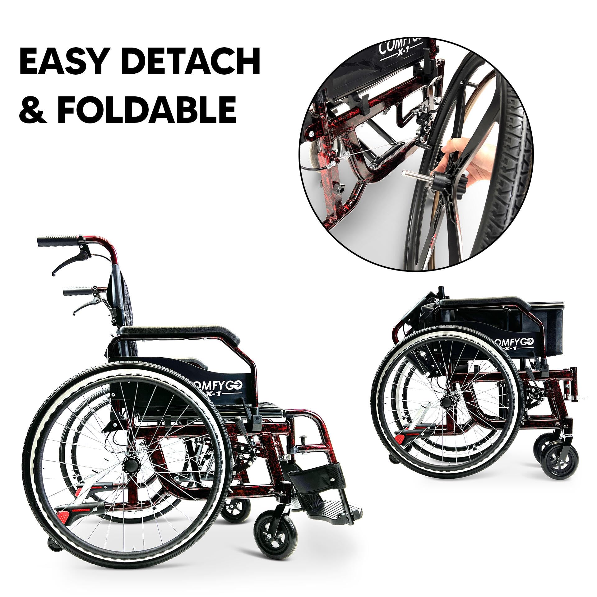 Ultra Lightweight Foldable Manual Transport Wheelchair for Adults - 17.5 Inch Ergonomic Seat, Adjustable Leg Rests & Wide All-Terrain Wheels - Portable Medical Wheelchair (Red) - Perfect for Travel, Hospitals, and Outdoor Mobility