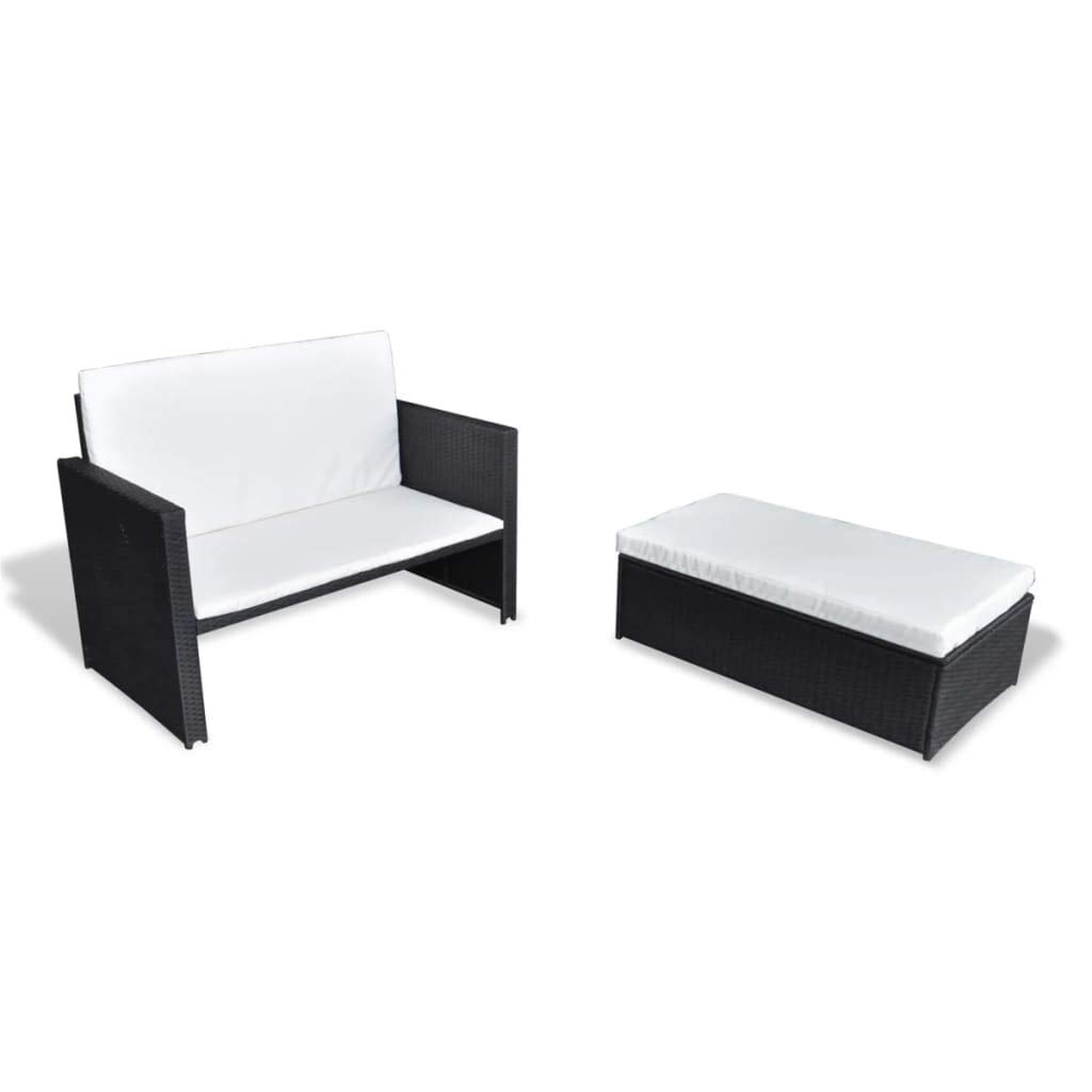 2-Piece Outdoor Patio Furniture Set - Black Poly Rattan 2-Seater Sofa & Stool with Cushions, Steel Frame - Perfect for Garden, Yard, Lawn, Bistro & Backyard Relaxation
