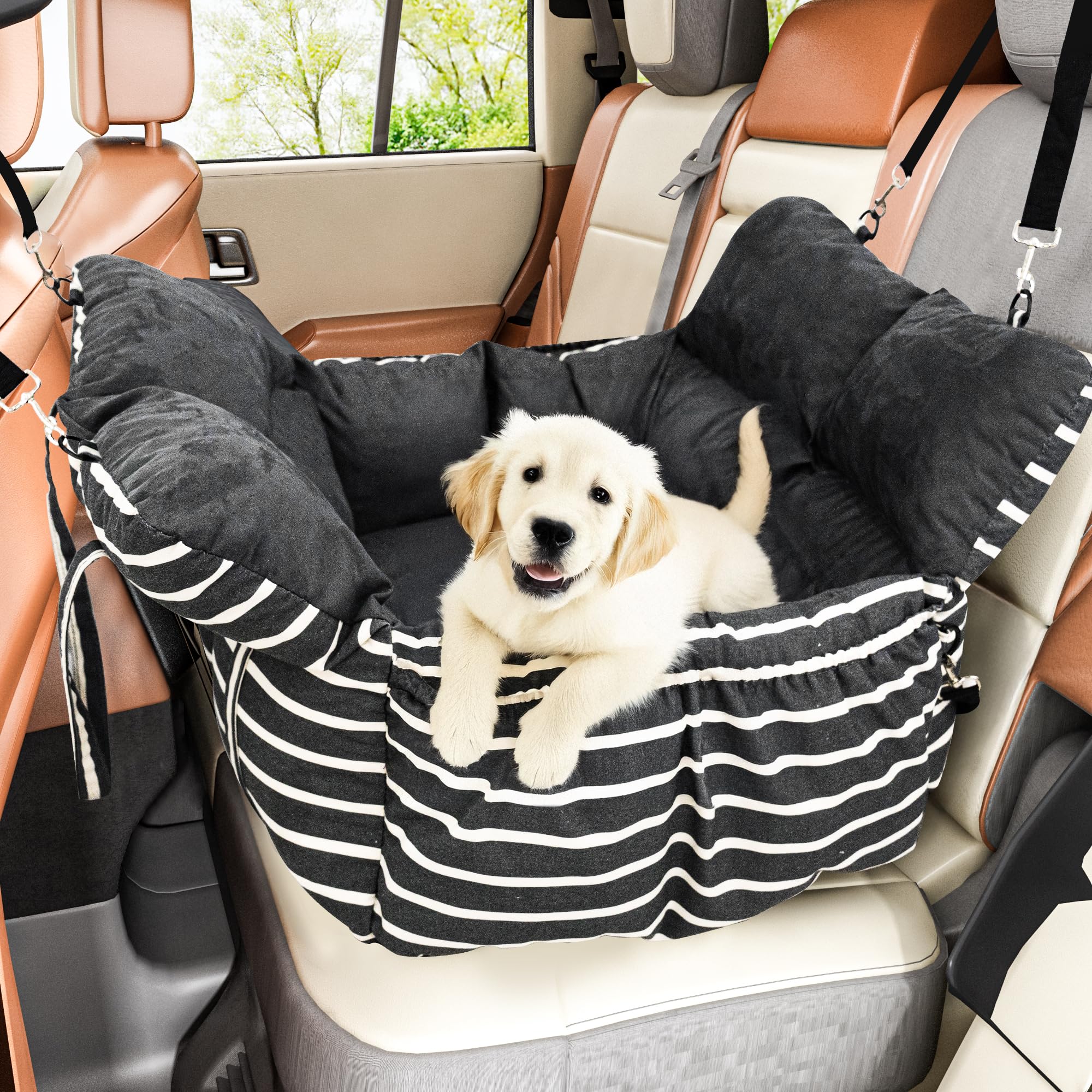 Washable Small Dog Car Seat Booster with Clip-On Leash, Cushion & Storage Pockets - Portable Travel Pet Carrier for Dogs Under 25lbs (Black with Handle) - Perfect for Road Trips, Daily Commutes & Vet Visits