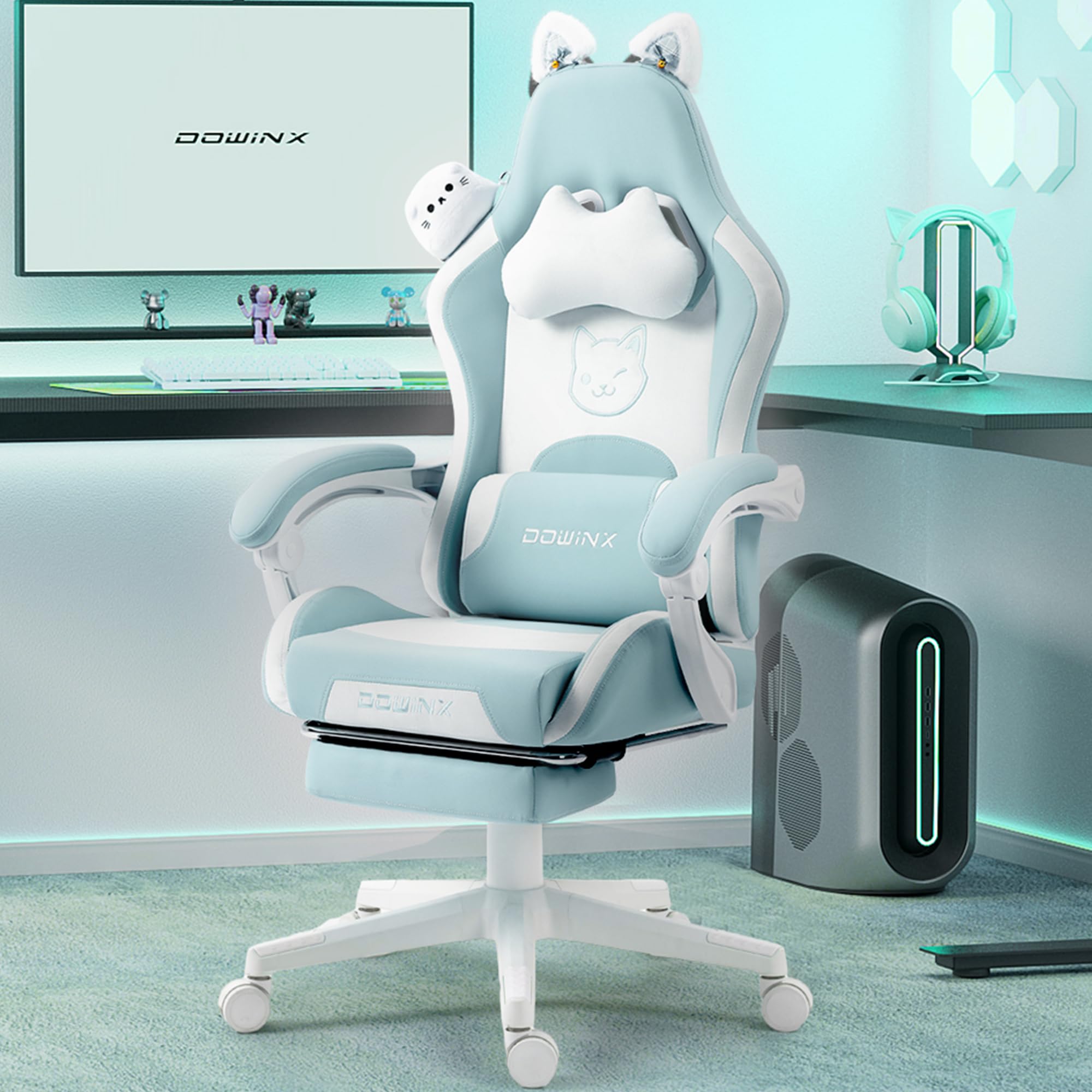 Dowinx Ergonomic Gaming Chair with Cat Ears - Massage Lumbar Support & Adjustable Footrest - Blue Green Computer Chair for Women, Teens & Adults (290lbs Capacity) - Perfect for Esports, Streaming & Home Office Setup
