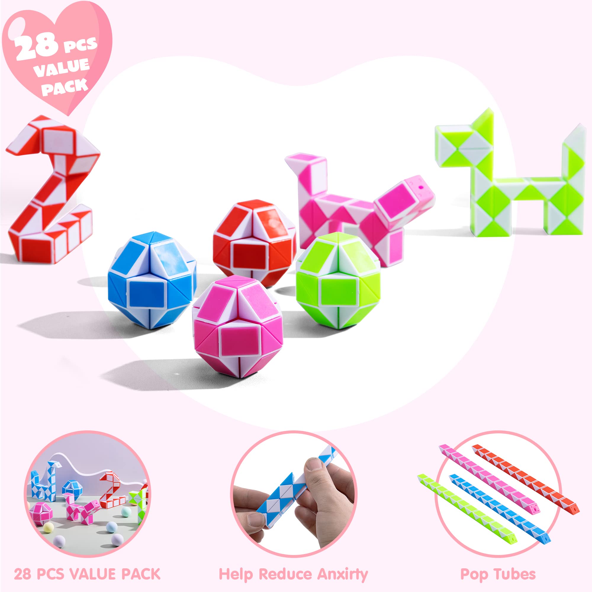 JOYIN 28 Pack Valentine's Day Cards with Snake Twist Toys for Kids - Magic Puzzle Fidget Toys for Stress Relief, Classroom Exchange, Party Favors & Gifts (Great for Valentine's Day Celebrations, School Activities, Birthday Parties)
