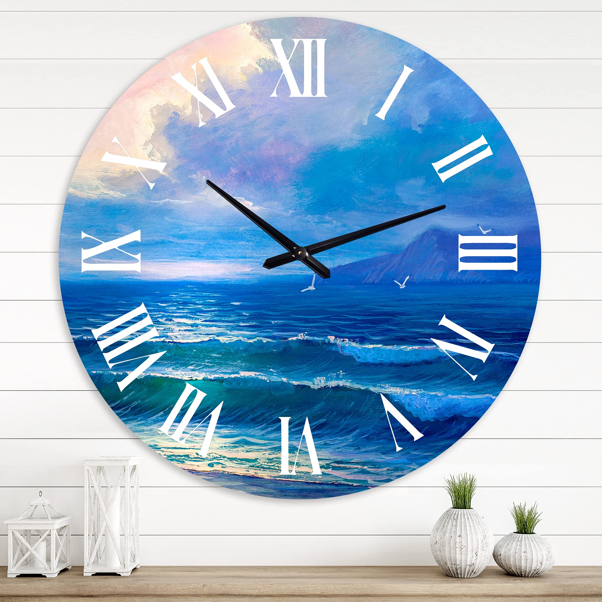 DesignQ Coastal Wall Clock - 'Morning Sunlight On The Sea Waves I' - 12 Inch Round Nautical Decor for Living Room, Bedroom & Office - Blue Ocean Theme Clock for Beach House & Coastal Style Homes