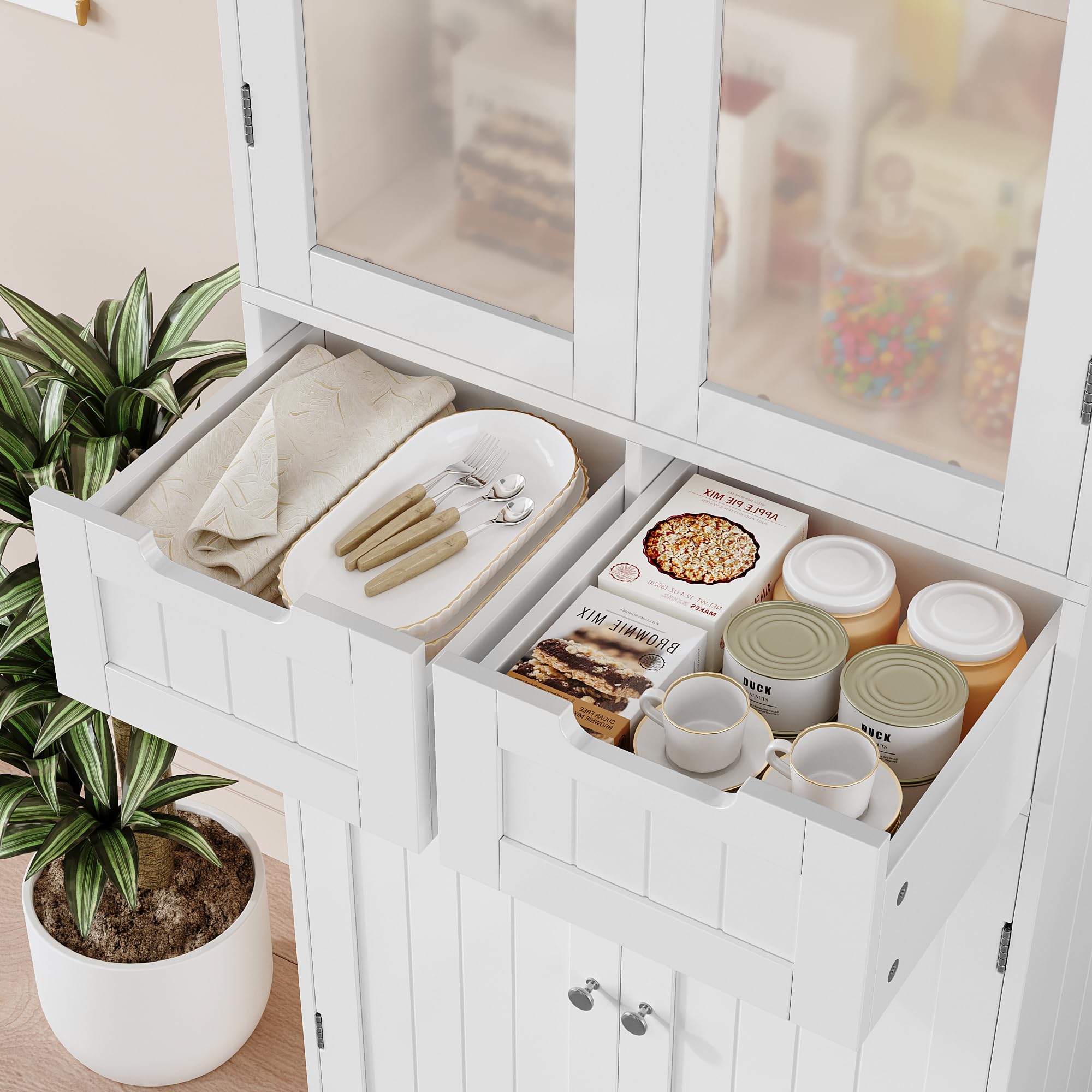 HOSTACK 64 Inch White Tall Storage Cabinet with Drawers and Glass Doors - Modern Kitchen Pantry, Bathroom Cabinet with Shelves, Free Standing Linen Cupboard for Dining Room - Perfect for Home Organization, Bedroom Storage & Living Room Decor