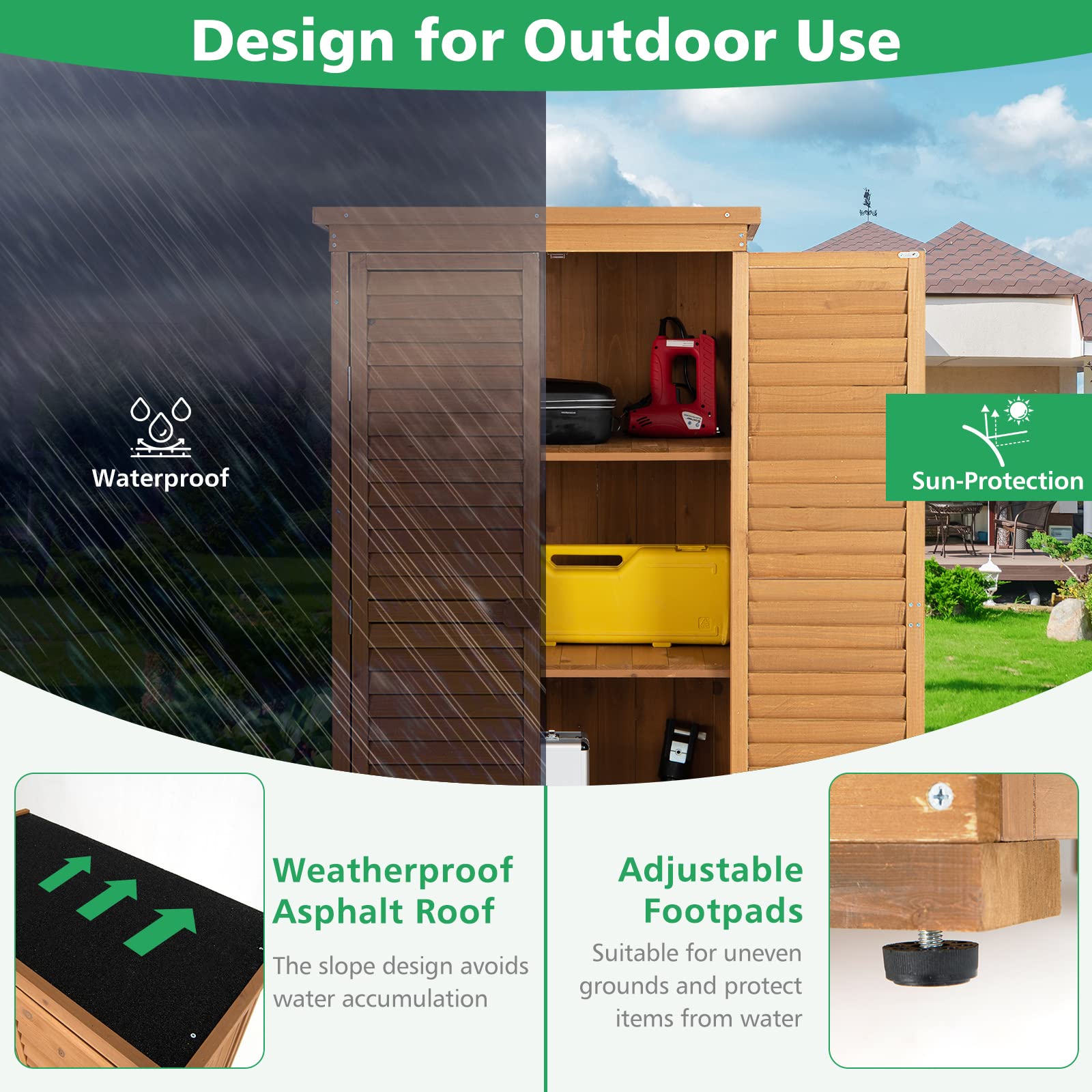 GOFLAME 63 Inch Outdoor Storage Cabinet with 3 Removable Shelves - Waterproof Wooden Garden Shed, Adjustable Footpads & Latch - Vertical Tool Storage for Porch, Deck, Backyard, Patio (Great for Storing Gardening Tools, Outdoor Equipment & Seasonal Items)