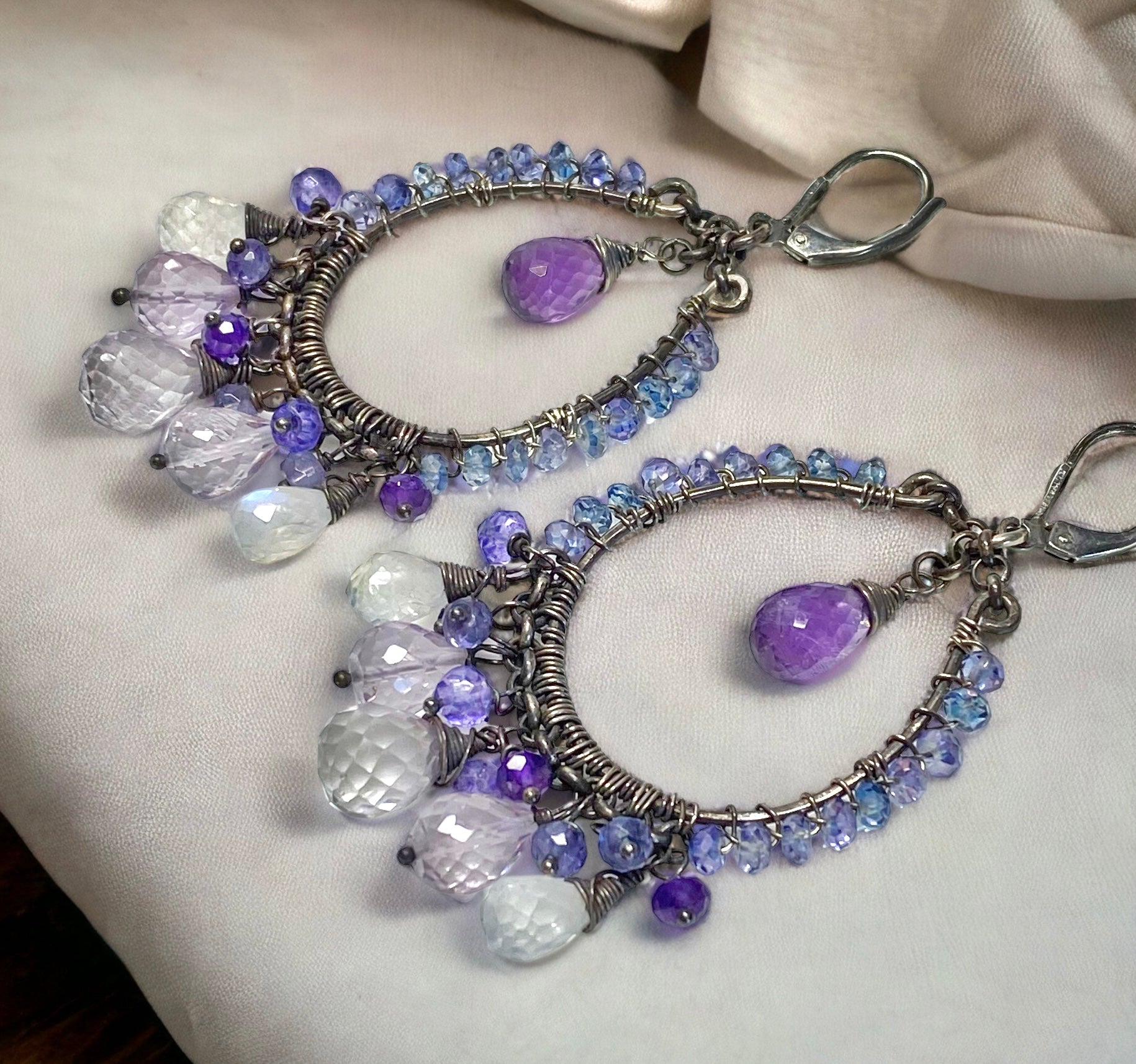 Oxidized Sterling Silver Hoop Earrings with Amethyst & Moonstone - Elegant Boho Jewelry for Women, Perfect for Weddings, Parties & Everyday Wear