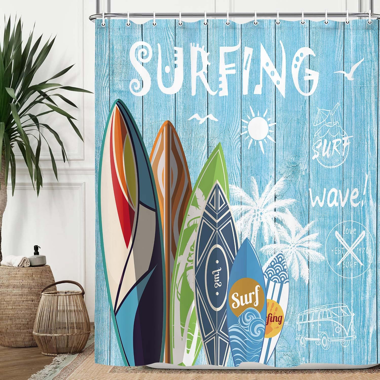 JAWO Beach Shower Curtain - Tropical Surfboard & Palm Tree Design on Teal Blue Rustic Wooden Plank Fabric Bathroom Decor - 69x70 Inches with Hooks - Perfect for Coastal, Nautical & Beach-Themed Bathrooms