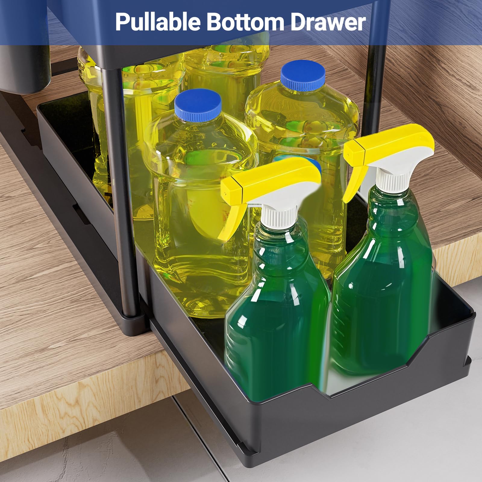 Puricon 2-Tier Under Sink Organizer - Space Saving Kitchen & Bathroom Storage Shelf, Multi-Purpose Cabinet Organizer for Sponges, Cleaners & Supplies - Black - Perfect for Small Spaces & Clutter-Free Homes