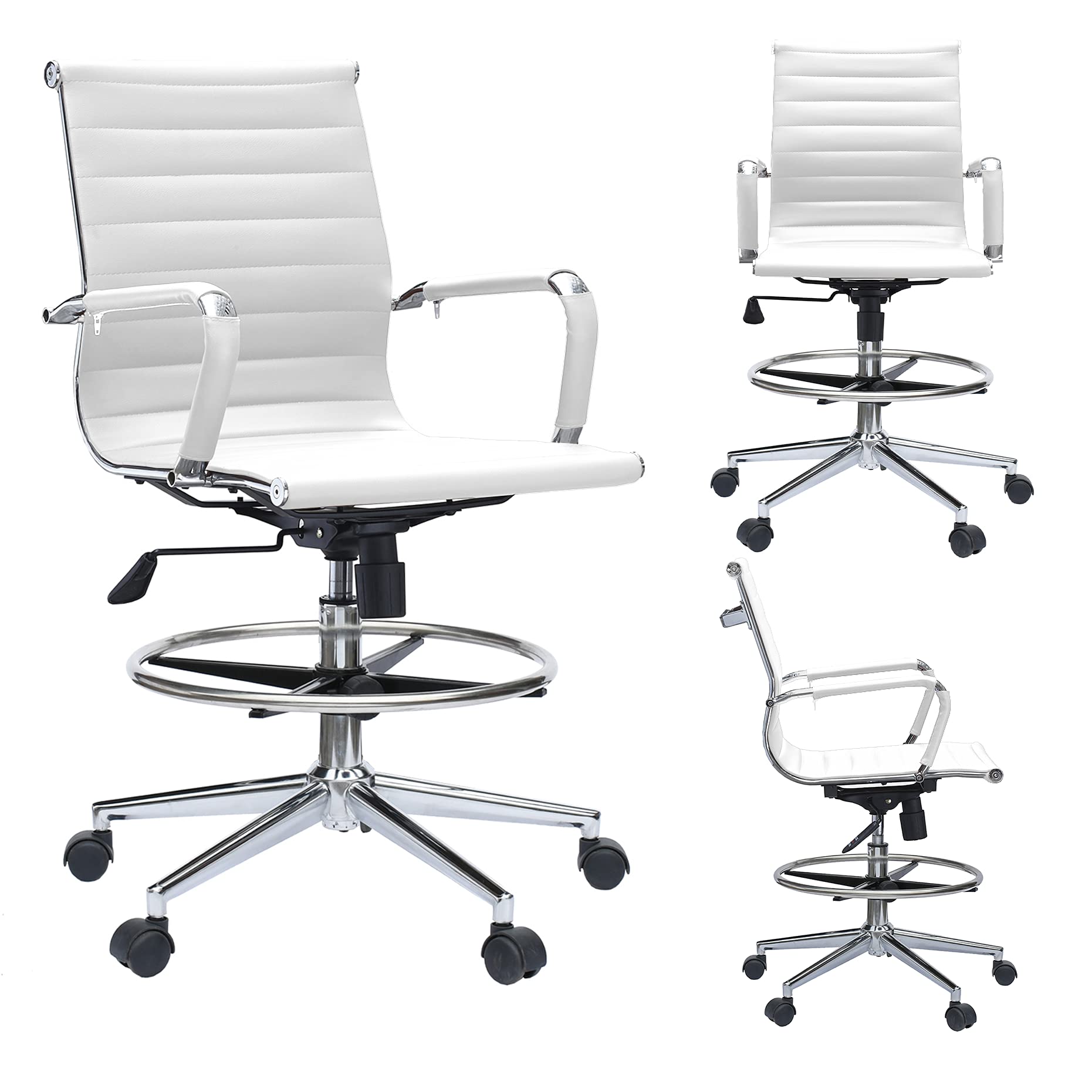 2xhome Modern Ergonomic PU Leather Mid Back Office Chair with Chrome Footrest - Adjustable Tilt, Rolling & Armrest - White Ribbed Drafting Chair for Home Office, Study & Workspace