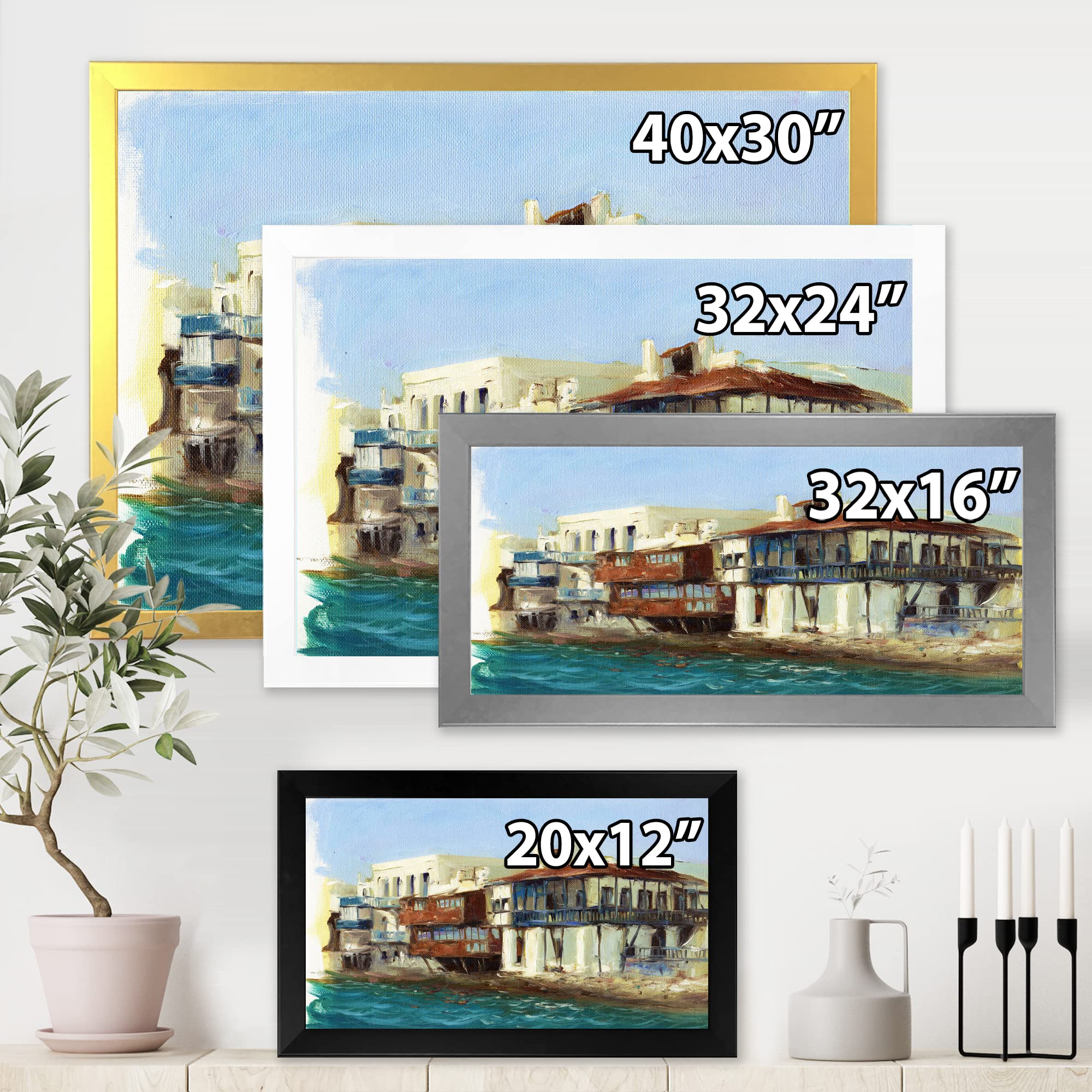 DesignQ Framed Wall Art - Old Houses in Mykonos Greece, Nautical Coastal Decor, Blue 32x32 - Perfect for Beach House, Living Room & Office Decor