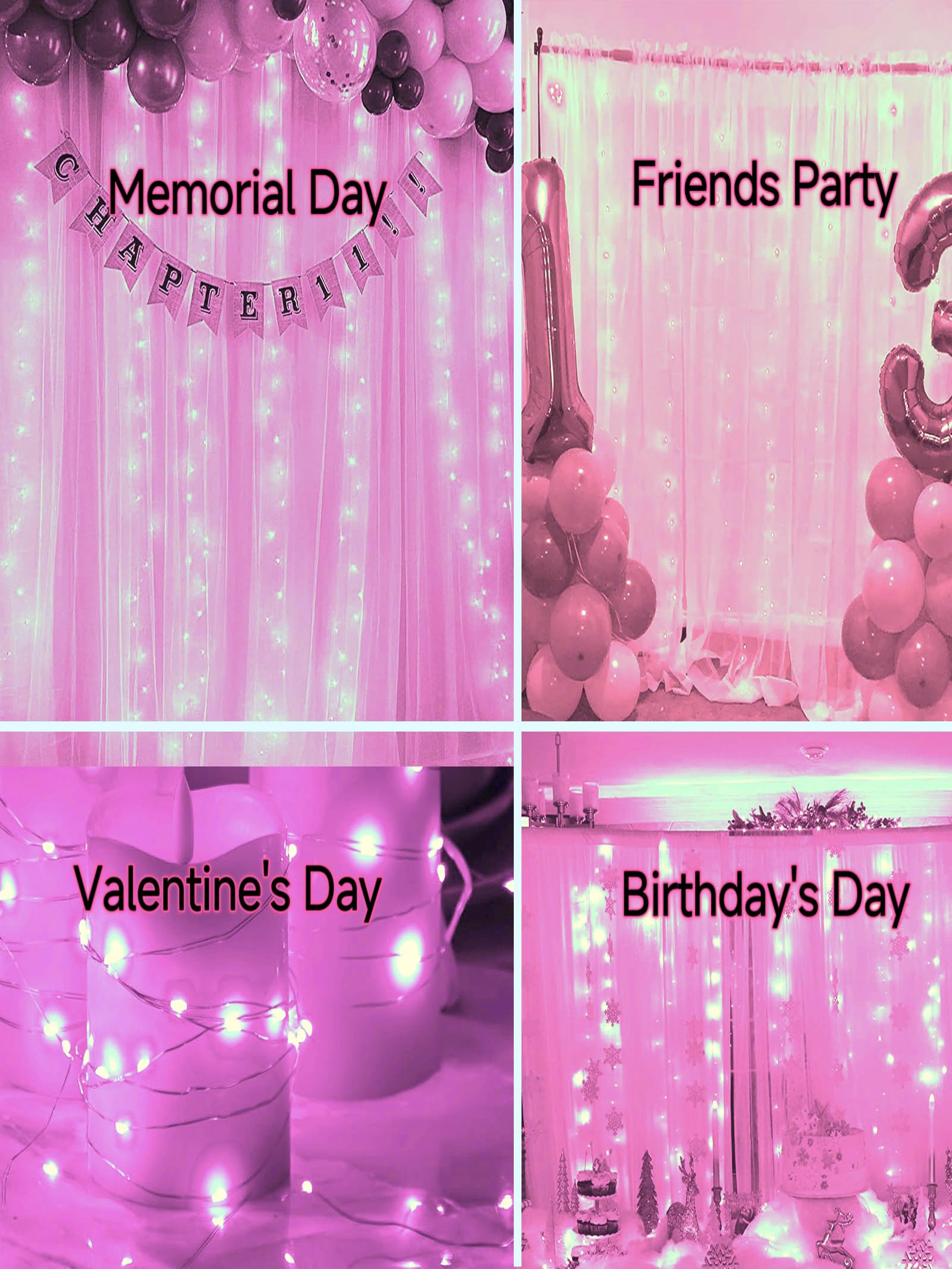 Fairy Curtain String Lights - 8 Lighting Modes, Pink LED Room Decor for Bedroom, Girls' Wall Lights, Valentine's Day Gift & Indoor Home Decoration - Perfect for Romantic Nights, Birthday Parties, and Cozy Ambiance