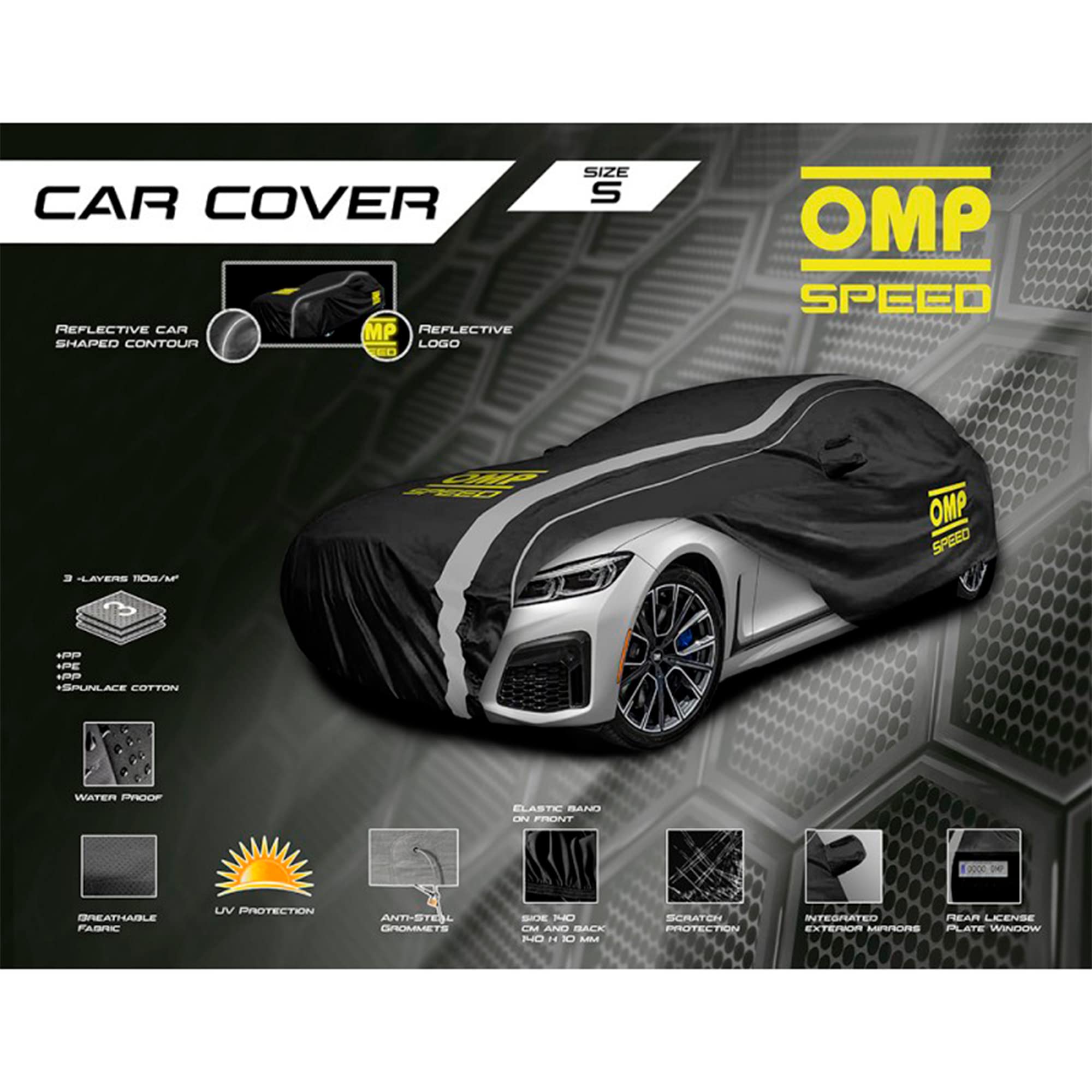 OMP 3-Layer Waterproof Car Cover - Size L for Sedan, SUV & Truck - All-Weather Protection for Indoor & Outdoor Use