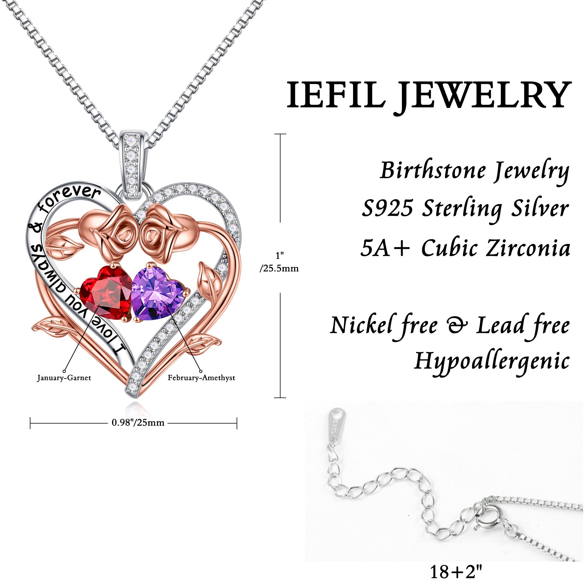 Rose Heart Double Birthstone Necklace for Women - Personalized Jewelry Gift for Wife, Girlfriend, Mom & Grandma - February & August Birthstone Pendant - Perfect for Valentine's Day, Anniversary & Birthday Gifts