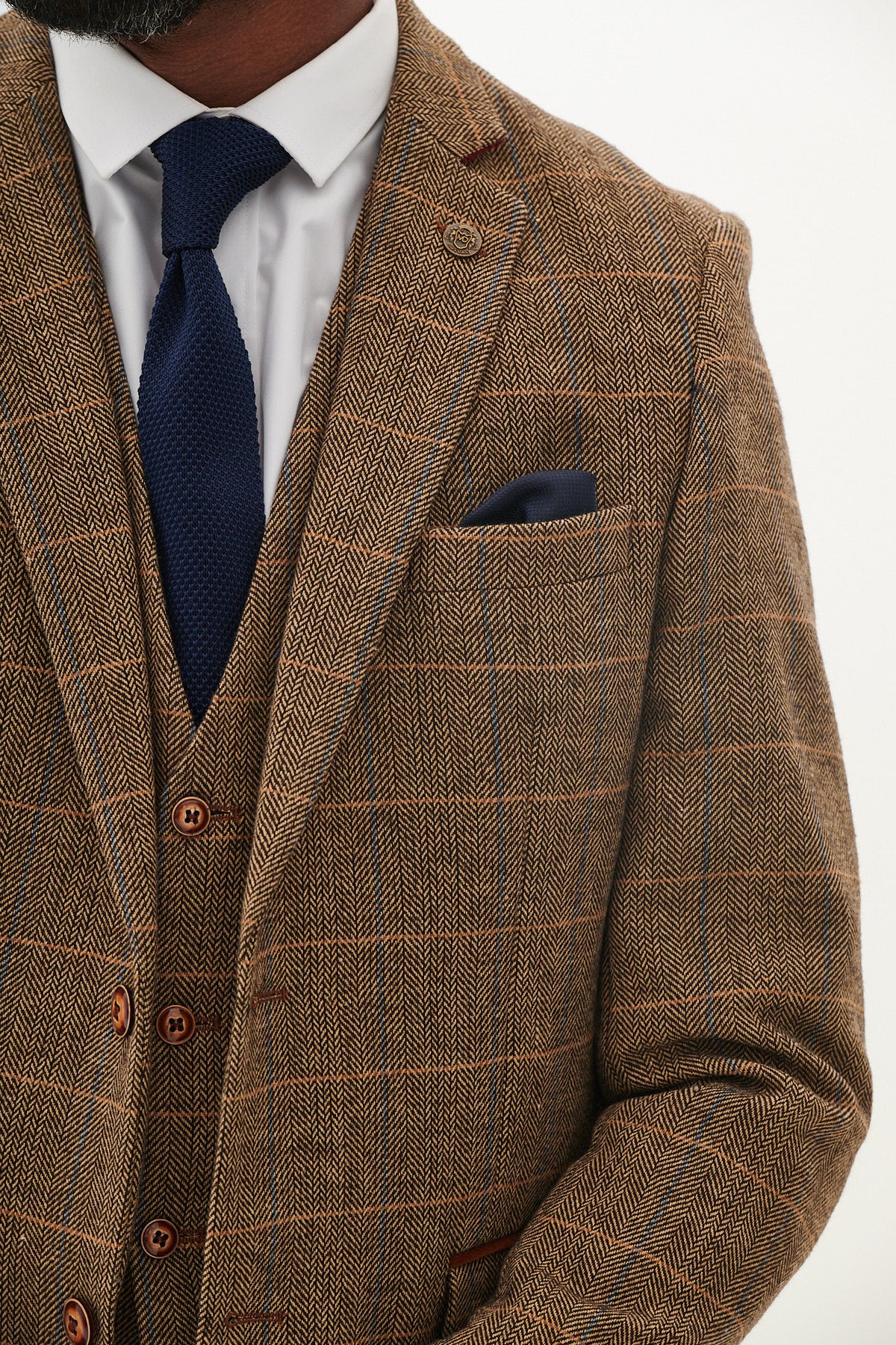 Stylish TED Tan Tweed Check Three-Piece Suit for Men - Perfect for Weddings, Business Meetings & Formal Events