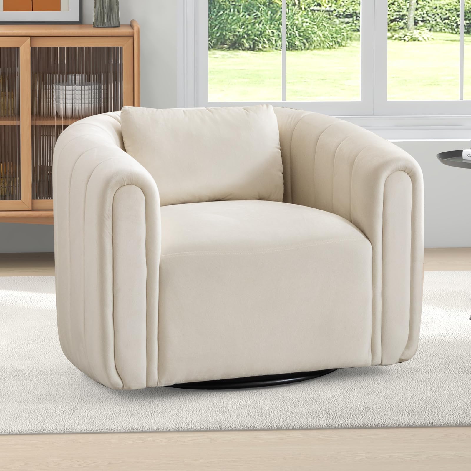ANJ Swivel Accent Chair - Velvet Barrel Chair for Living Room, Modern Comfy Armchair with 360° Rotation, Fully Assembled (Beige) | Perfect for Small Spaces, Reading Nook & Cozy Home Office