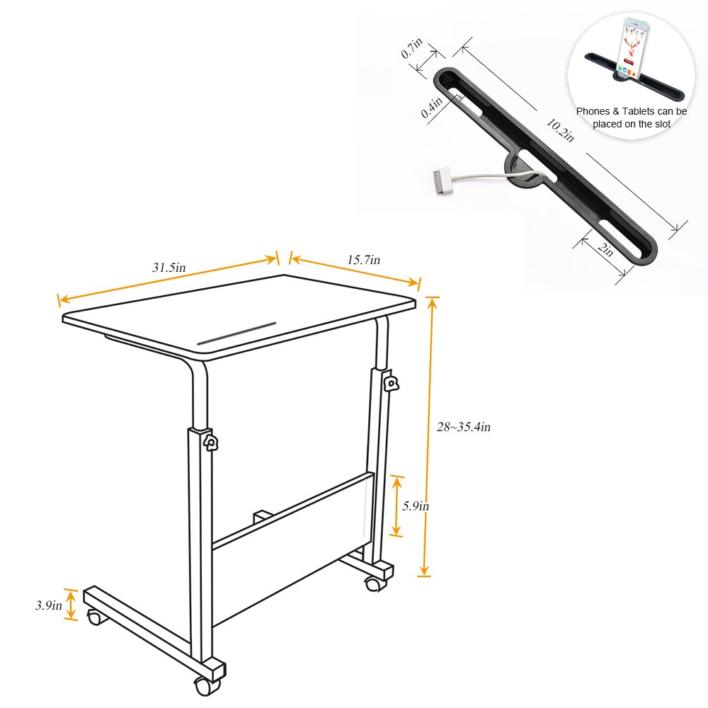 Soges Adjustable Rolling Laptop Desk Cart - 31.5 Inch Mobile Sofa Side Table with Tablet Slot, Portable Standing Laptop Table for Couch, Bed, and Office, Black - Perfect for Home, Office, and Dorm Use