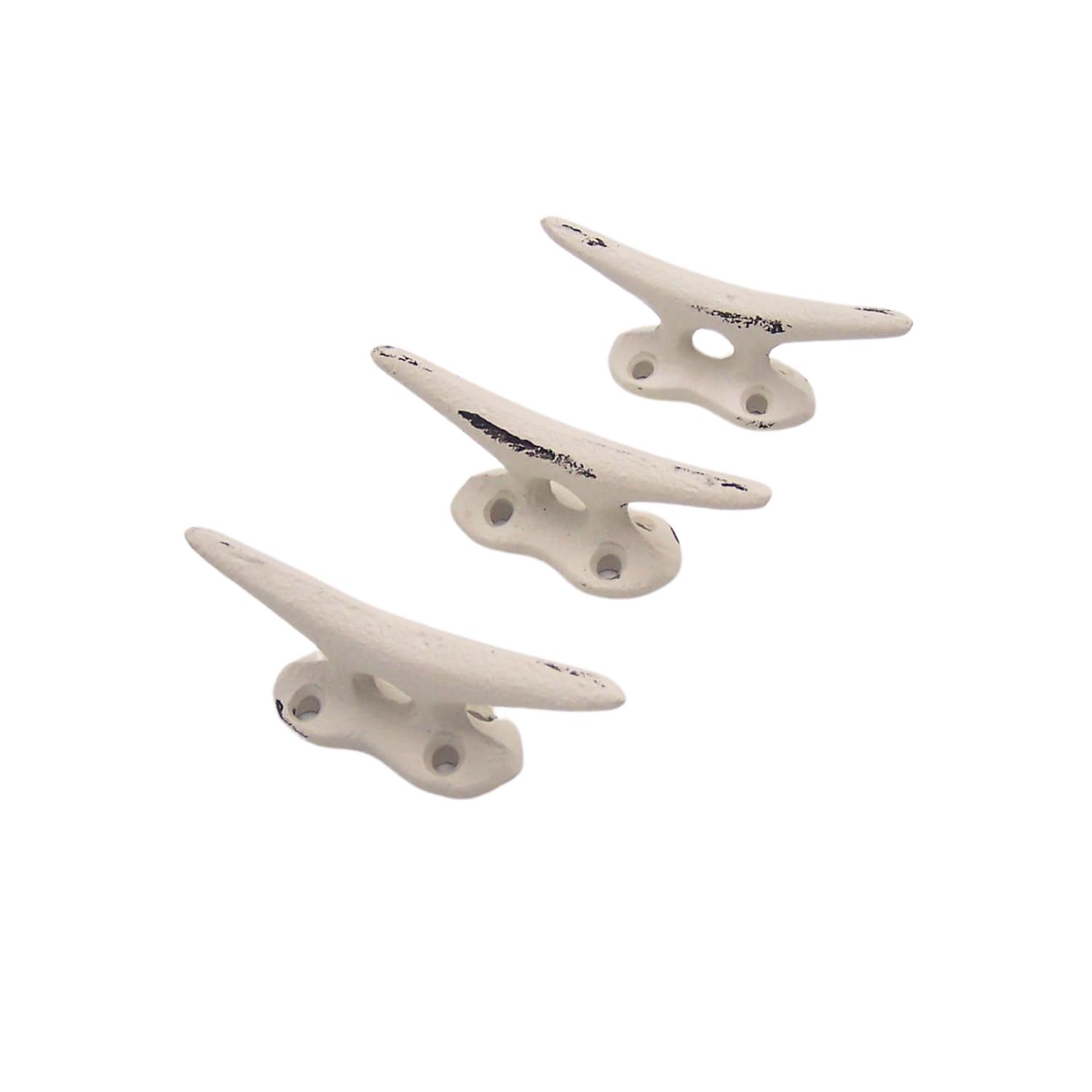 Wowser Nautical White Cast Iron Boat Cleat Wall Hooks - 3.5 Inch Set of 3 - Heavy Duty Rustic Marine Decor for Home, Boat, Garage & Beach House Organization