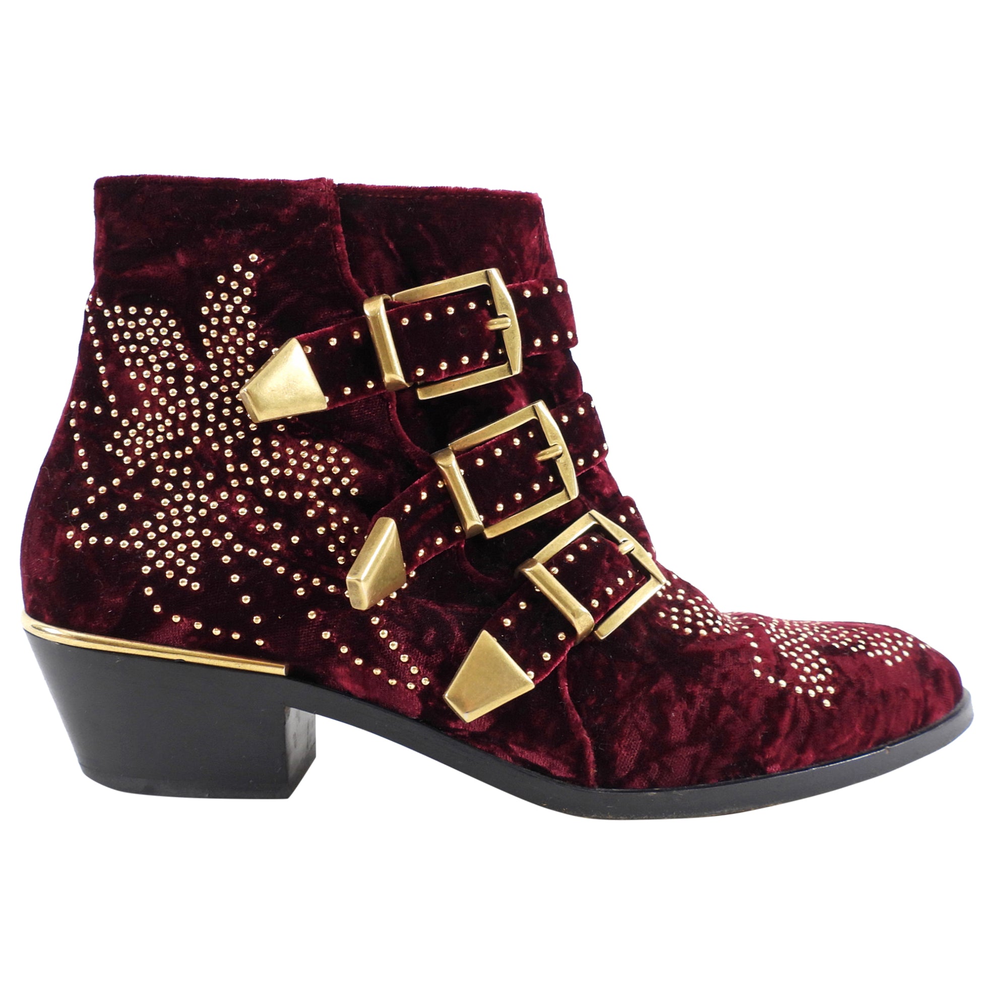 Chloe Susanna Burgundy Velvet Stud Ankle Boots Women's Size 38 - Stylish Fall & Winter Fashion for Parties, Dates & Night Out