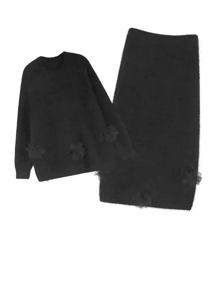 Black Plus Size Floral Sweater Dress Two-Piece Set Round Neck Long Sleeve Women's Fashion Outfit for Spring & Fall 2025 | Casual Wear, Office Attire & Date Night Outfits